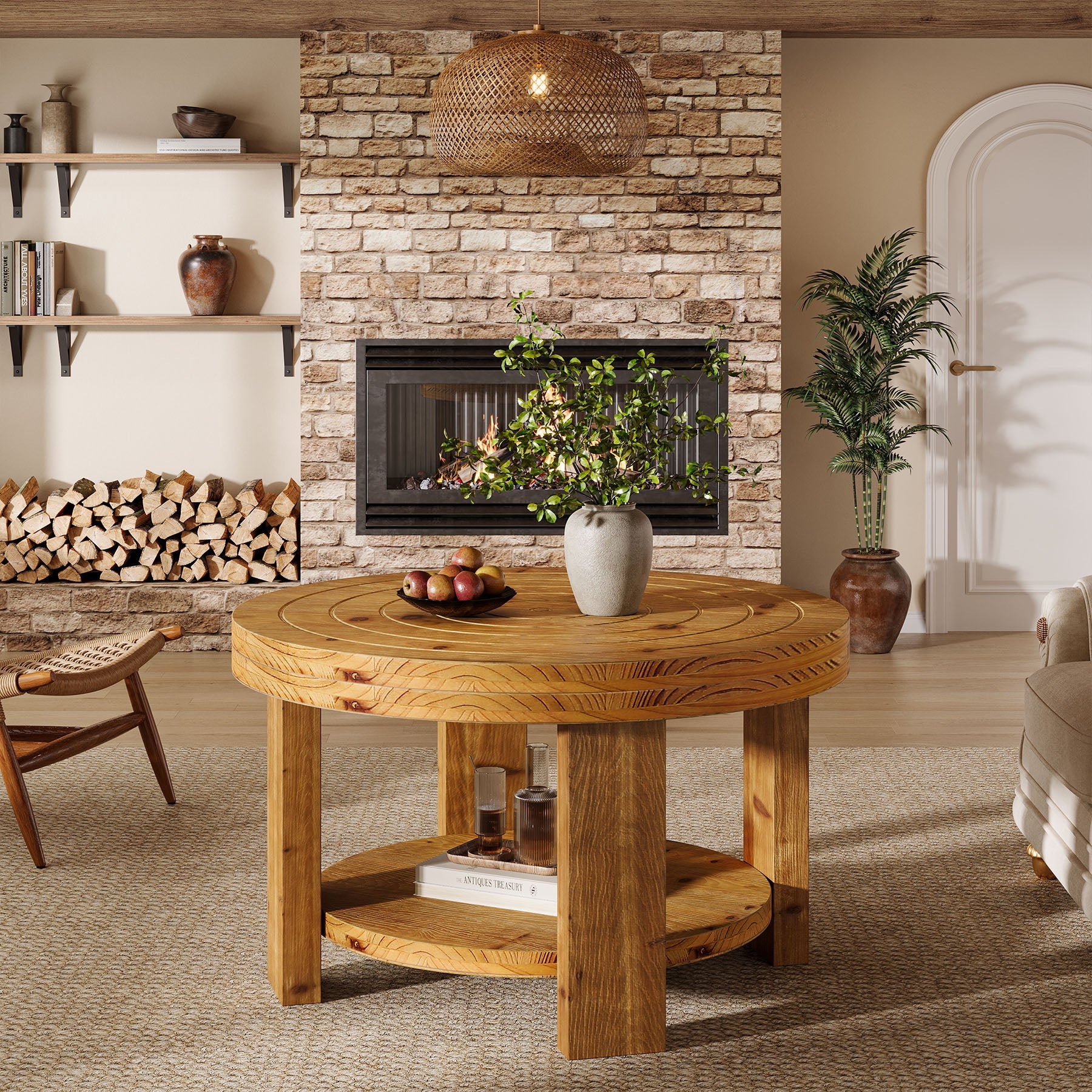 Round Solid Wood Coffee Table, 31.5" Center Table with 2-Tier Storage