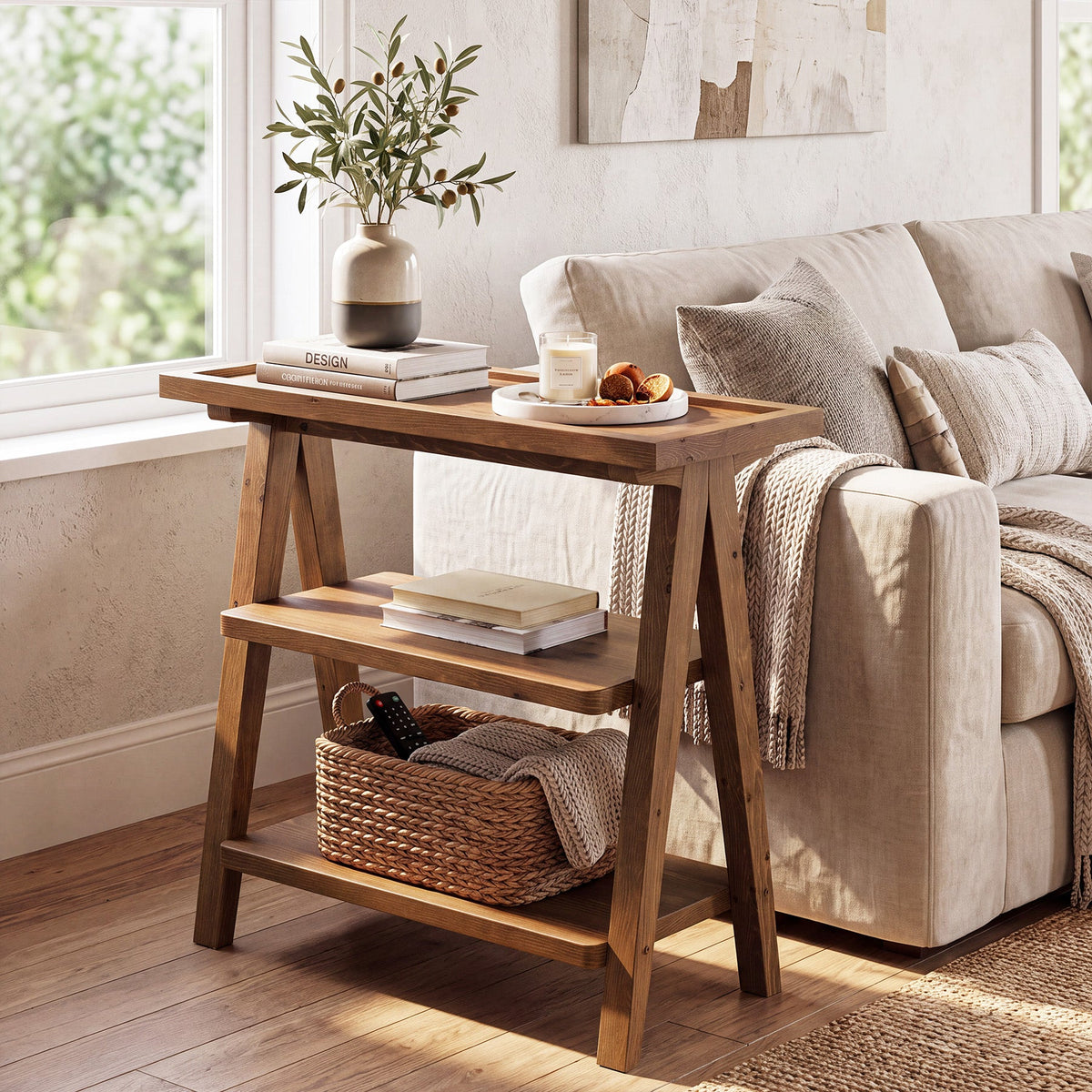 Solid Wood End Table, 3-Tier Side Table Farmhouse Accent Table for Small Spaces