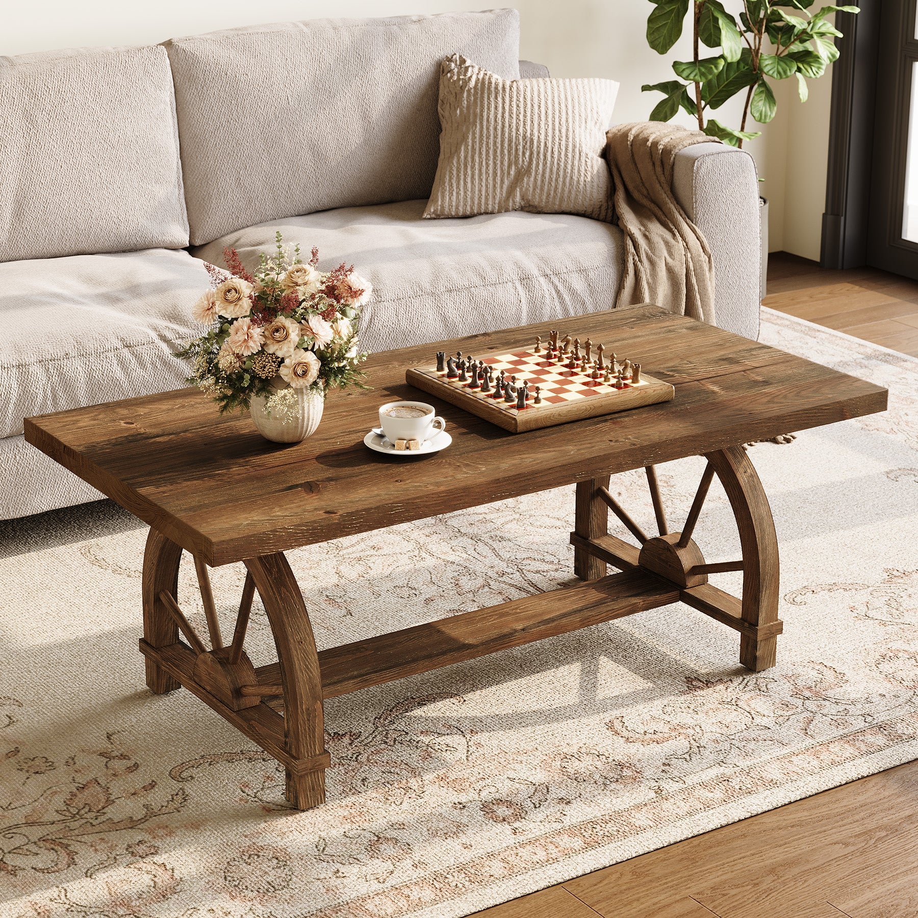 47" Solid Wood Coffee Table, Rectangular Center Table With Arched Base