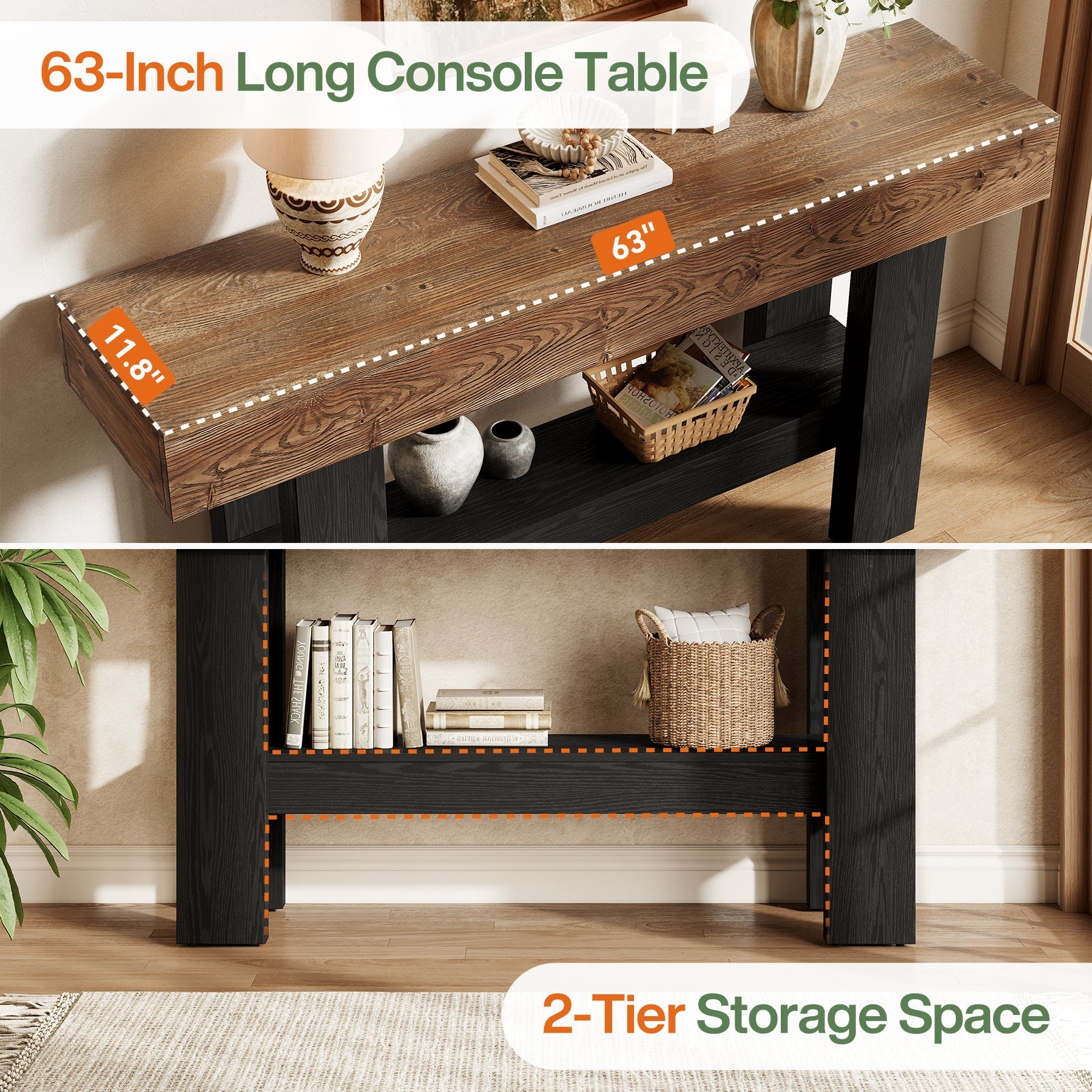 63" Solid Wood Console Table, Narrow Sofa Table with Storage Shelf