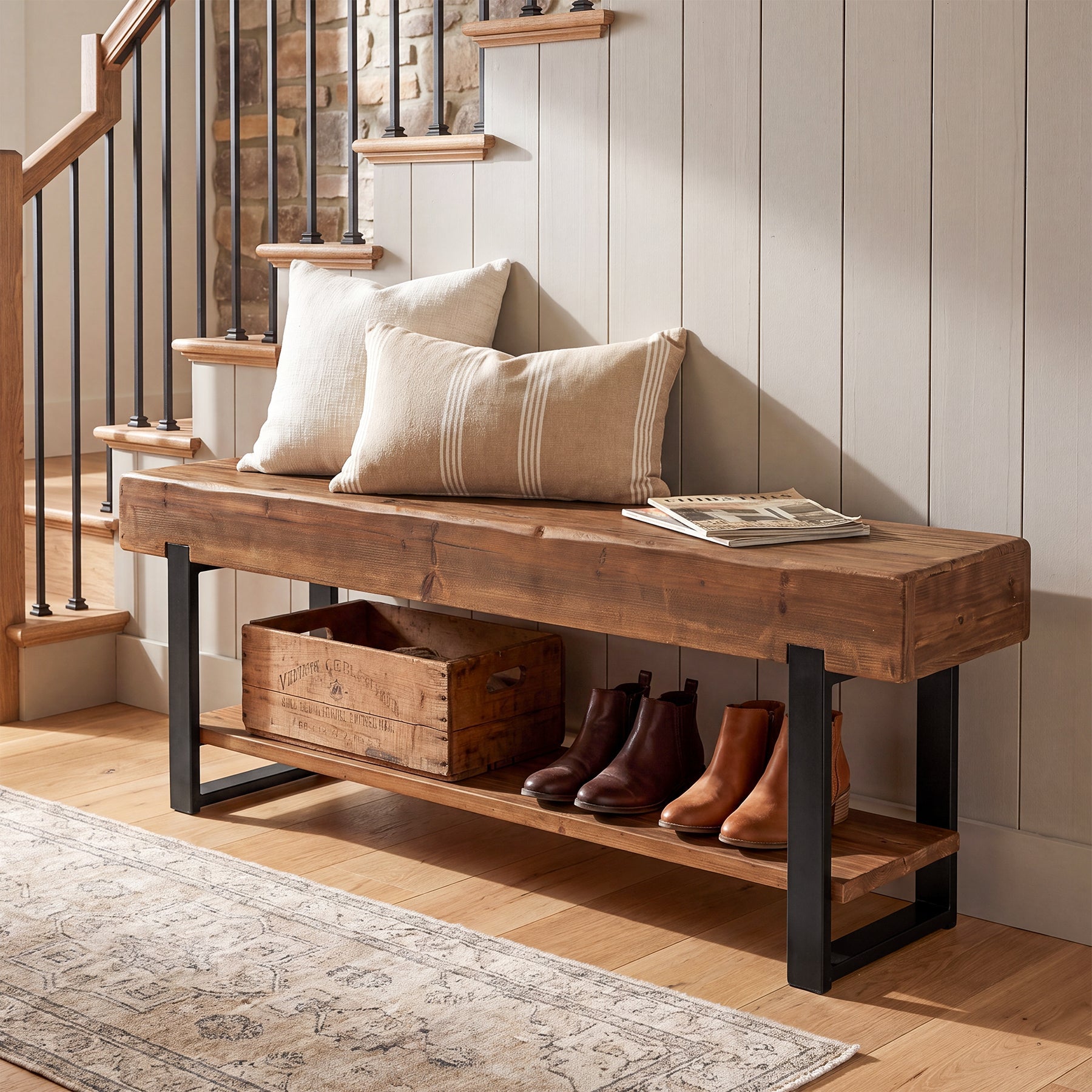 63" Solid Wood Entryway Bench, 2-Tier Shoe Storage Bench with Metal Frame