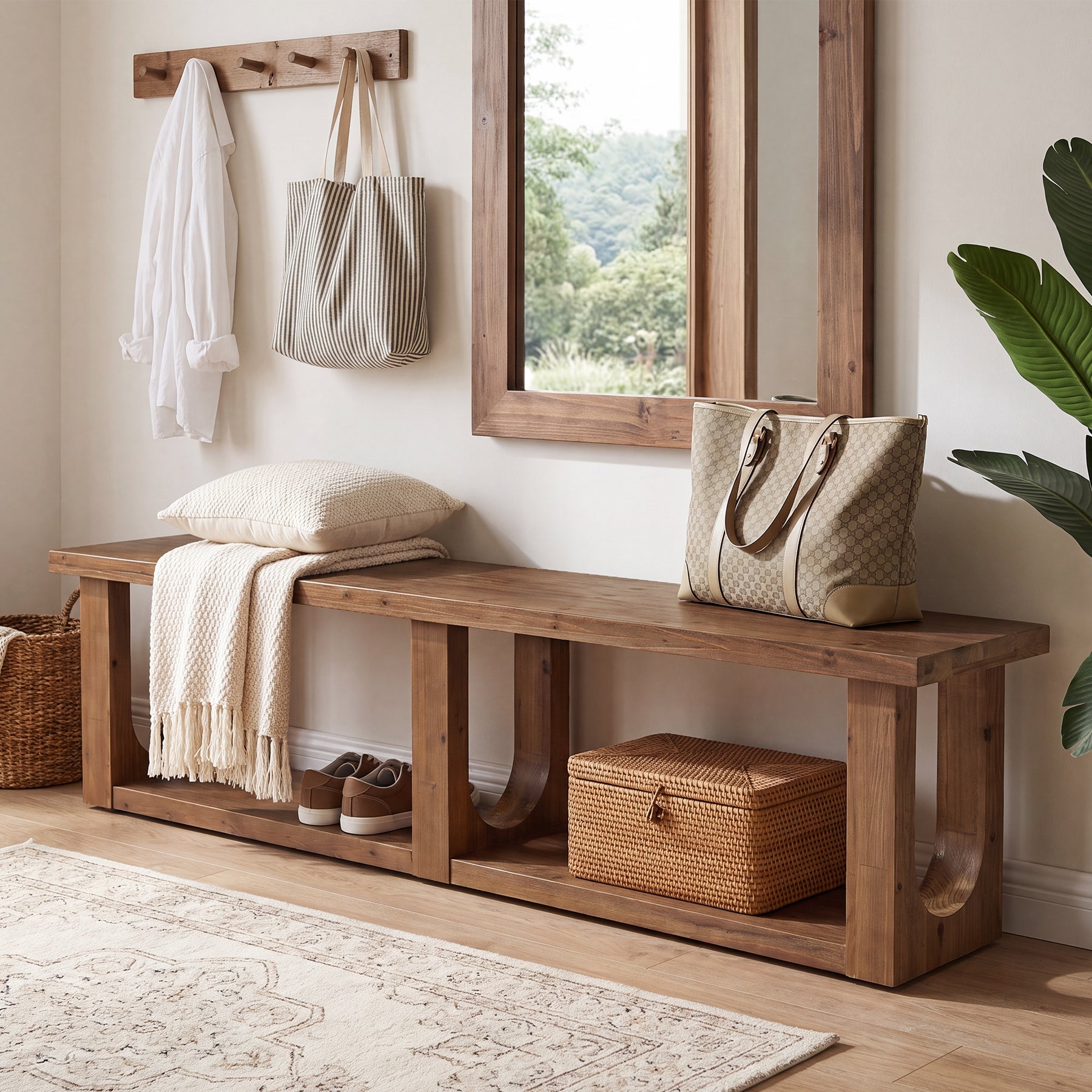 70.9" Solid Wood Entryway Bench, Farmhouse Shoe Bench with 2-Tier Storage for Hallway