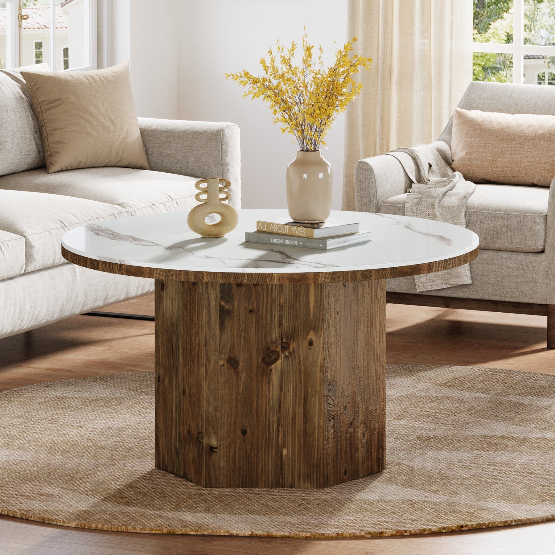 31.5" Round Coffee Table with Sintered Stone Top and Solid Wood Base