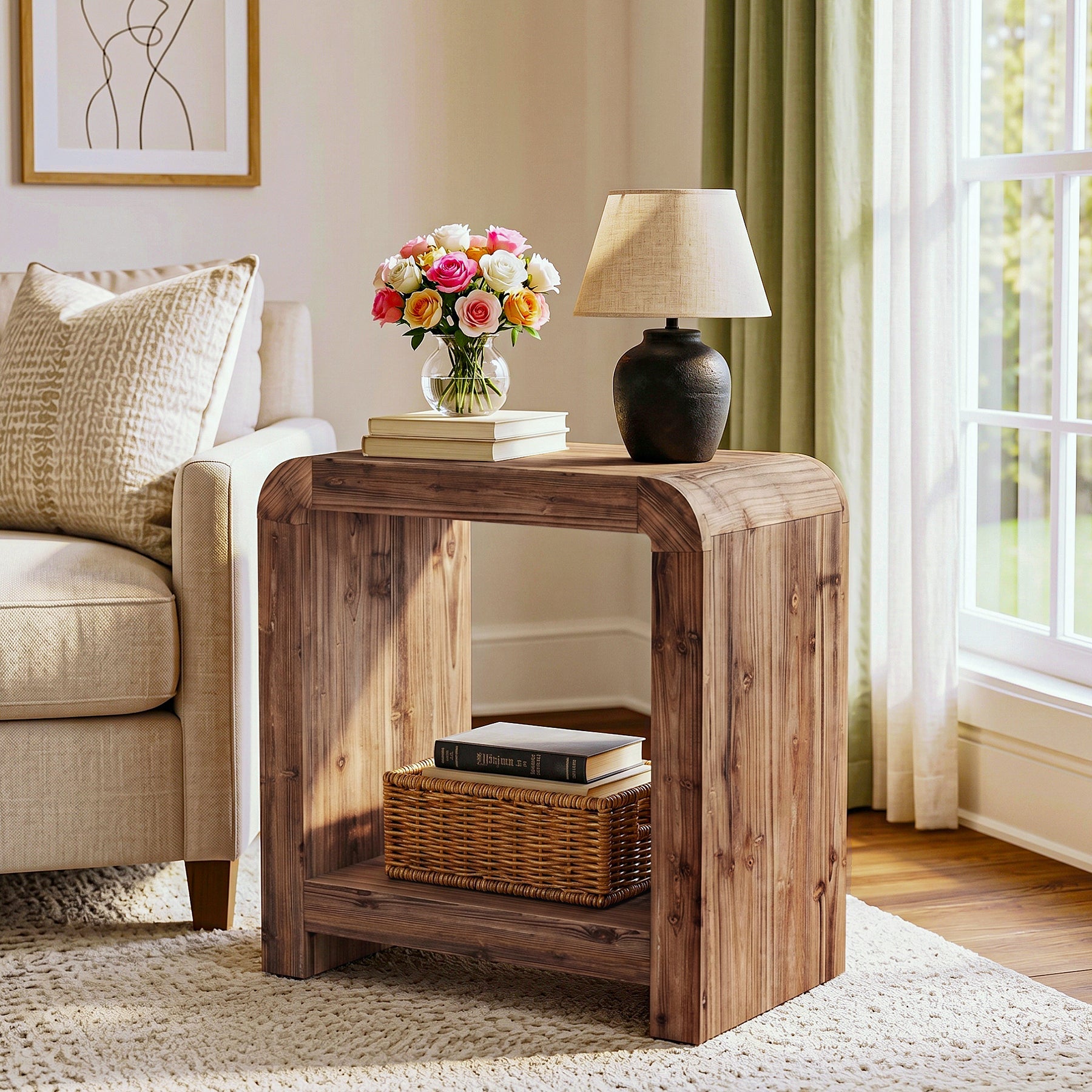 23.62" Solid Wood End Table, 2-Tier Narrow Side Table with Storage for Living Room