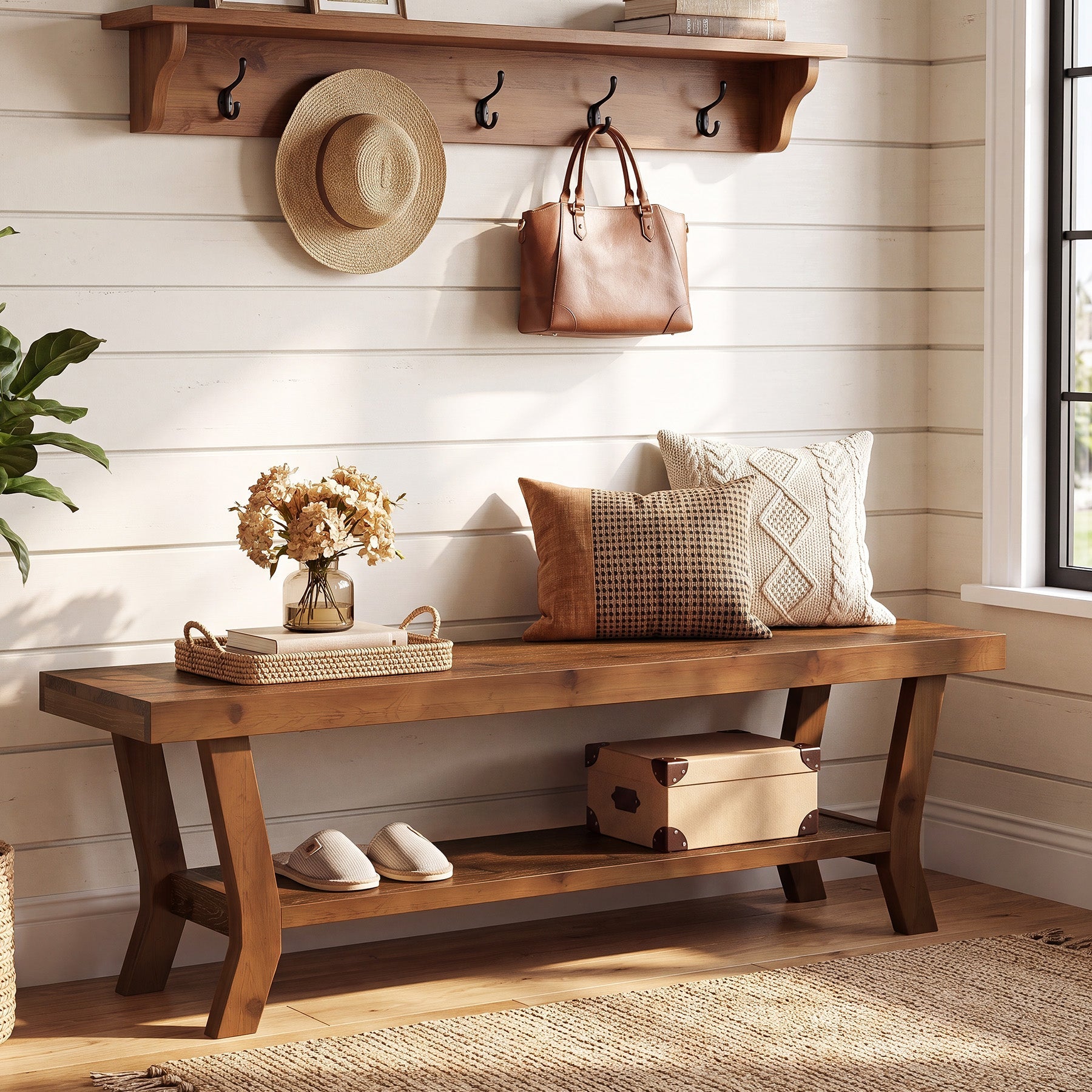 55-Inch Solid Wood Entryway Bench with Lower Shoe Shelf, Farmhouse Seat for Hallway