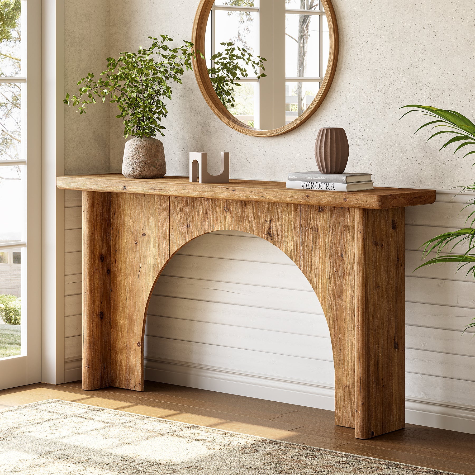 Solid Wood Console Table, 63" Entryway Sofa Table with Unique Arch Base