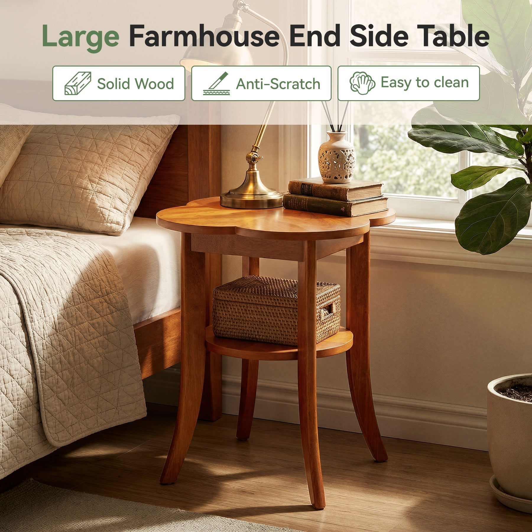 Solid Wood End Table, 2-Tier Sofa Side Table with Storage Shelf