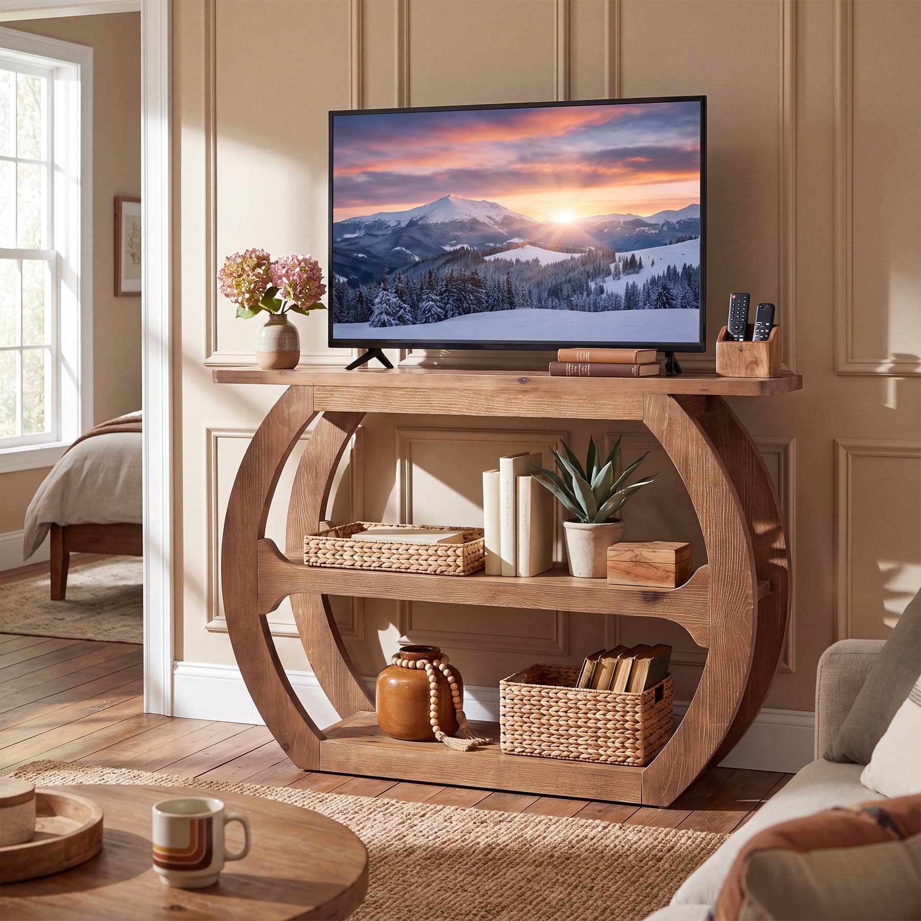 41" Farmhouse TV Stand for 55" TV, 3-Tier Solid Wood Small Entertainment Center, TV Console