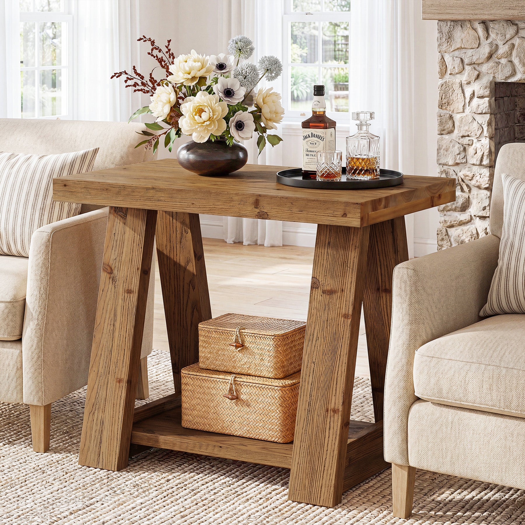 Tribesigns 23.6 Inch 2-Tier Side Table, Solid Wood Rectangle End Table with Storage Shelves for Living Room