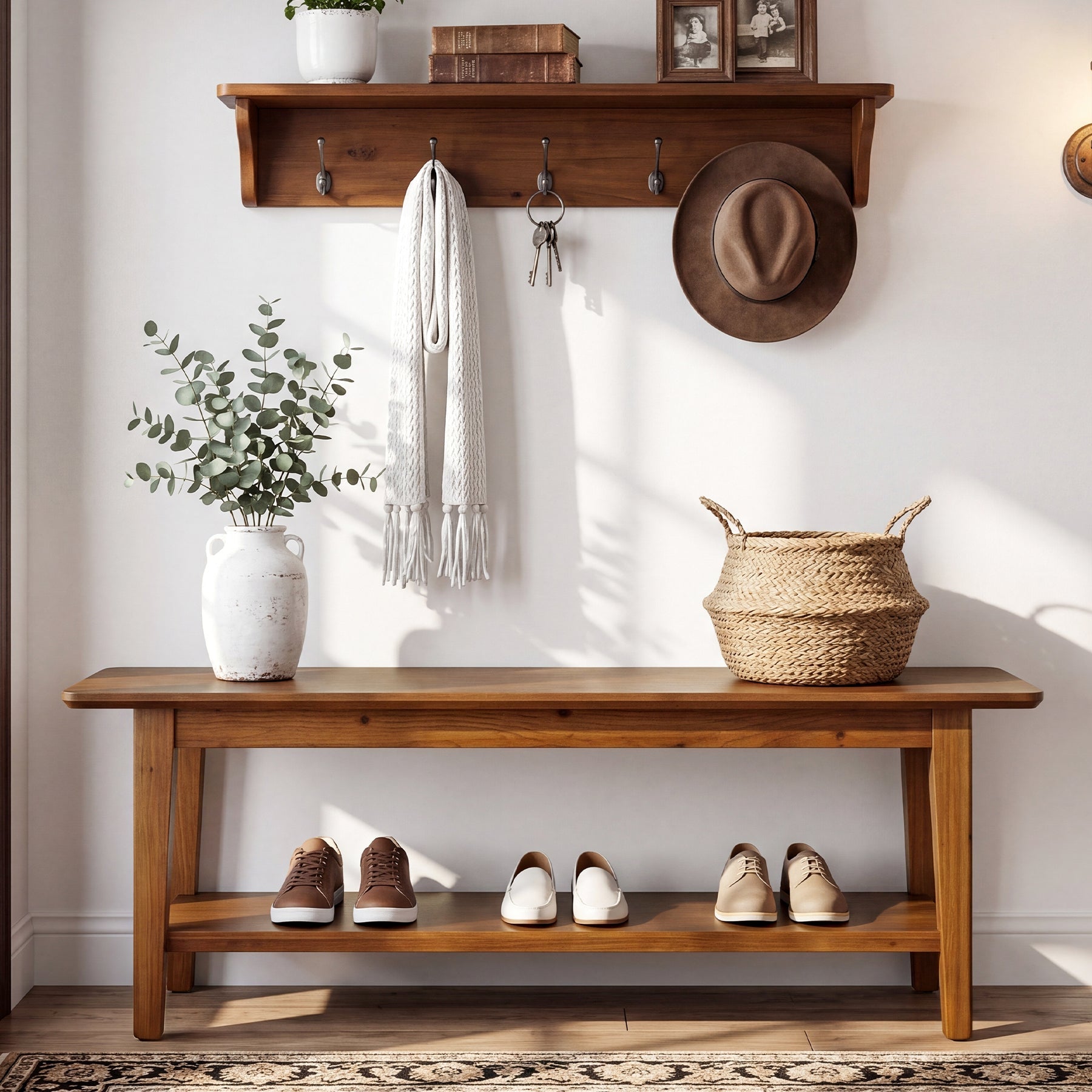 55" Solid Wood Entryway Bench, Farmhouse Shoe Storage Bench With Shelf For Hallway