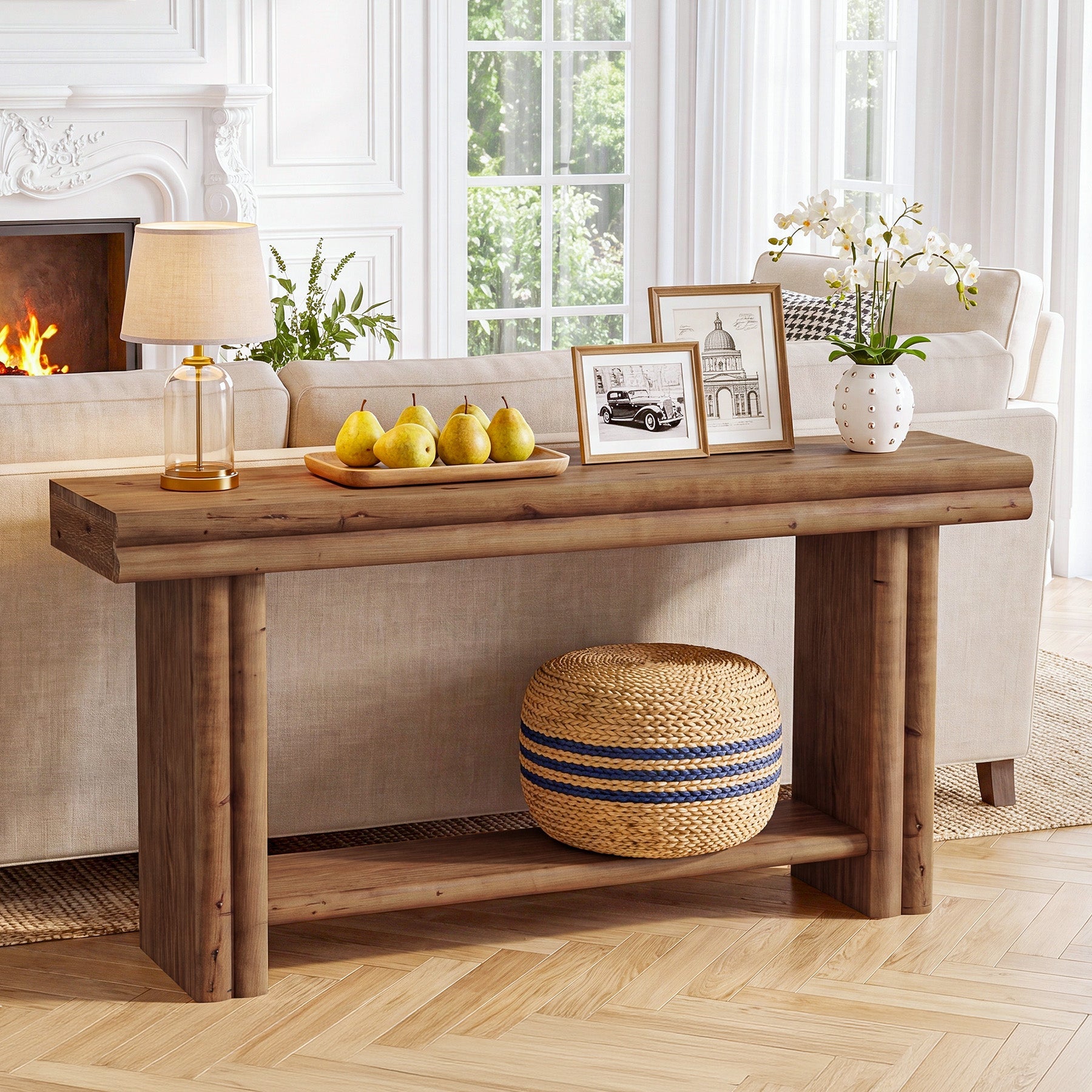 63" Solid Wood Console Table, 2-Tier Farmhouse Entryway Table with Storage Shelf