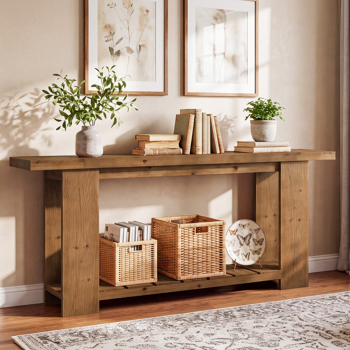 79" Solid Wood Console Table, Farmhouse Sofa Entryway Table with 2-Tier Storage