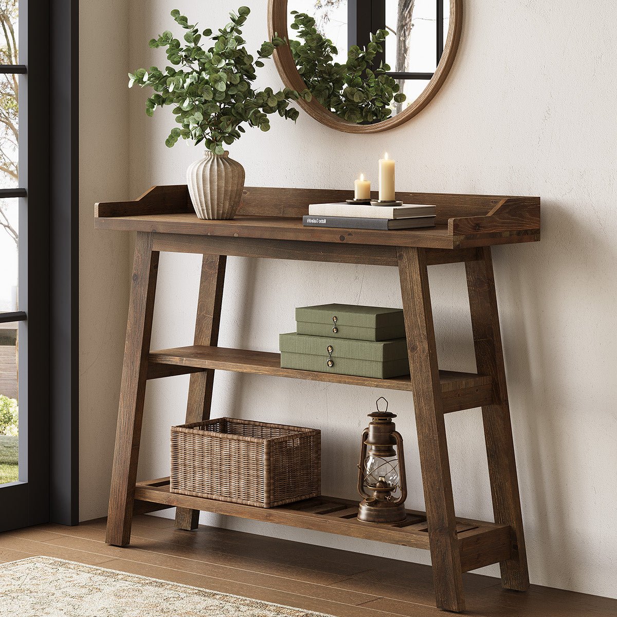 45" Solid Wood Console Table with Storage Shelves, Narrow Entryway & Sofa Table, 3-Tier Farmhouse Hallway Table for Small Spaces