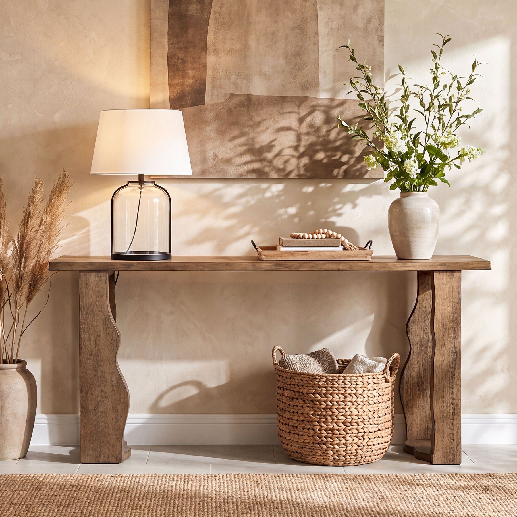 70.9" Solid Wood Console Table, Live Edge Entryway Sofa Table with Wavy Legs