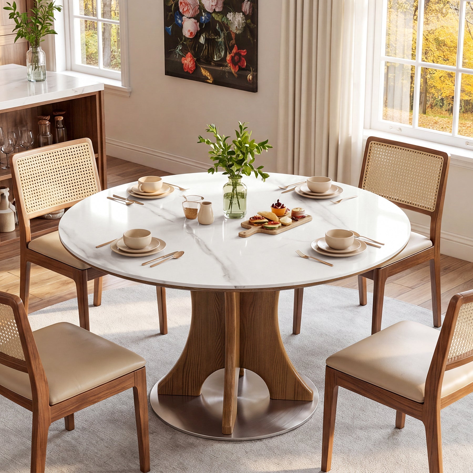 47" Luxury Sintered Stone Dining Table, Solid Wood Round Kitchen Table for 4-6 People