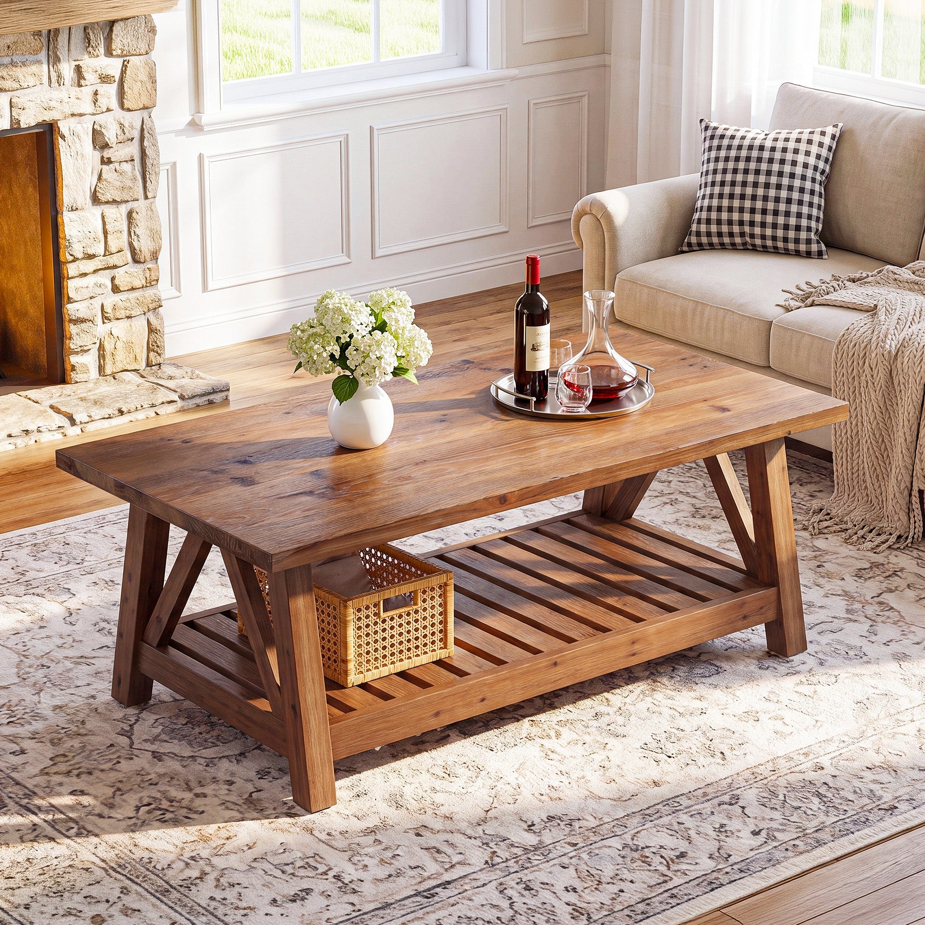 47.24" Farmhouse Solid Wood Coffee Table, Rectangle Center Table with Shelf for Living Room