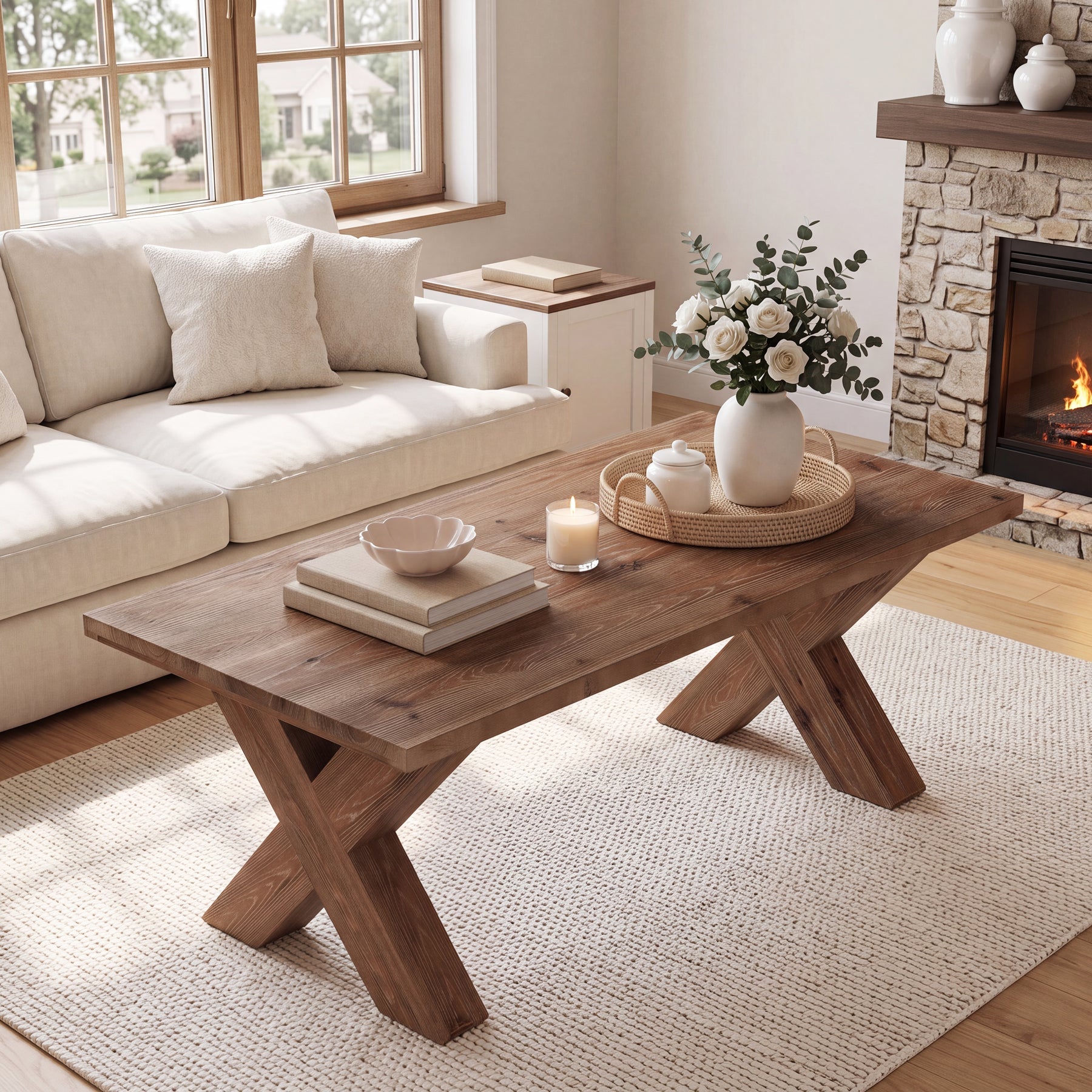 47" Solid Wood Coffee Table, Rectangular Cocktail Tea Table with X-shaped Legs for Living Room