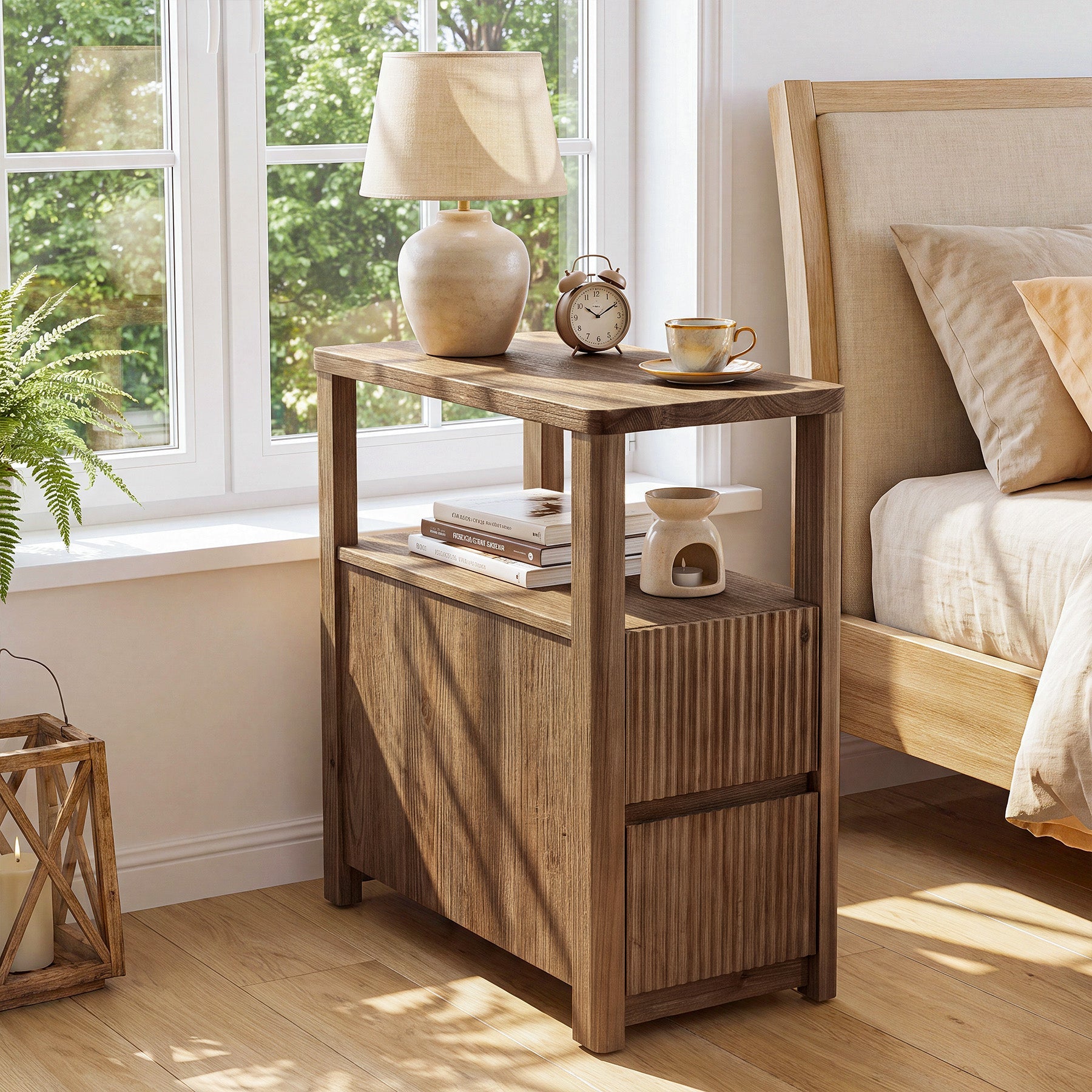 Solid Wood End Table with 2 Drawers, Narrow Side Table Nightstand for Living Room, Bedroom