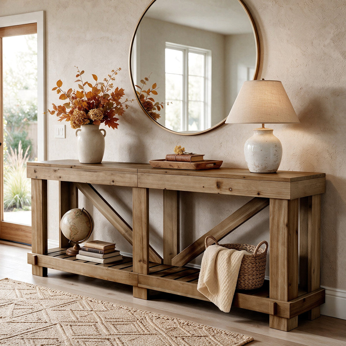 79" Solid Wood Console Table, Narrow Sofa Table with Open Slatted Shelf for Entryway