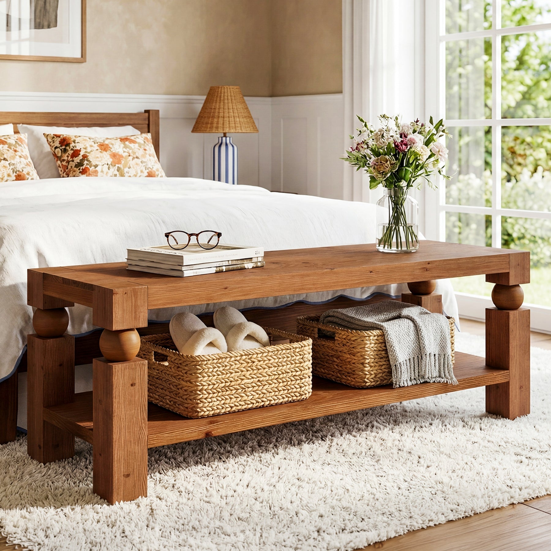 Solid Wood Entryway Bench, 47" Shoe Storage  Bench with Shelf for Hallway
