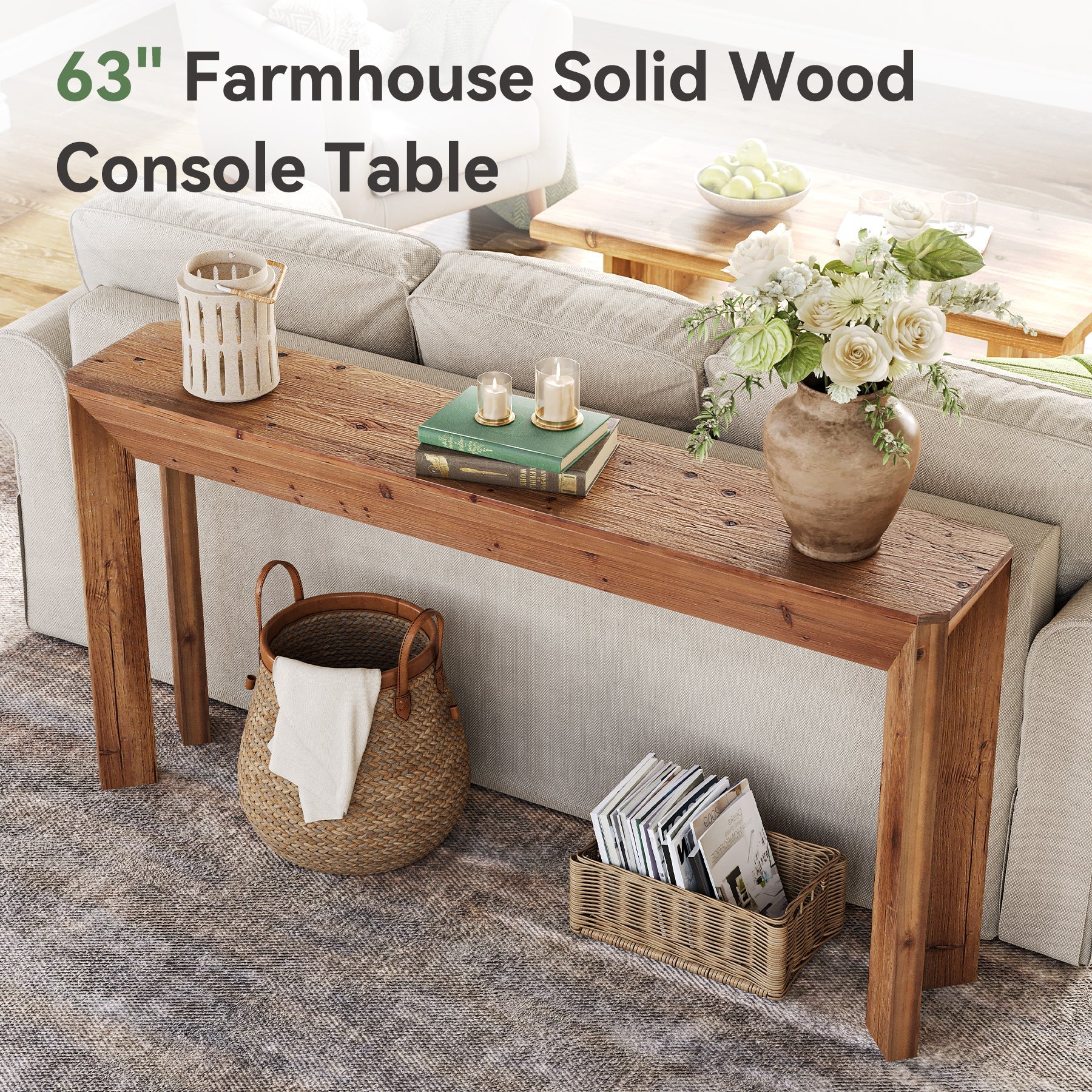 Solid Wood Console Table, 63" Entryway Table with Integrated Splayed Legs