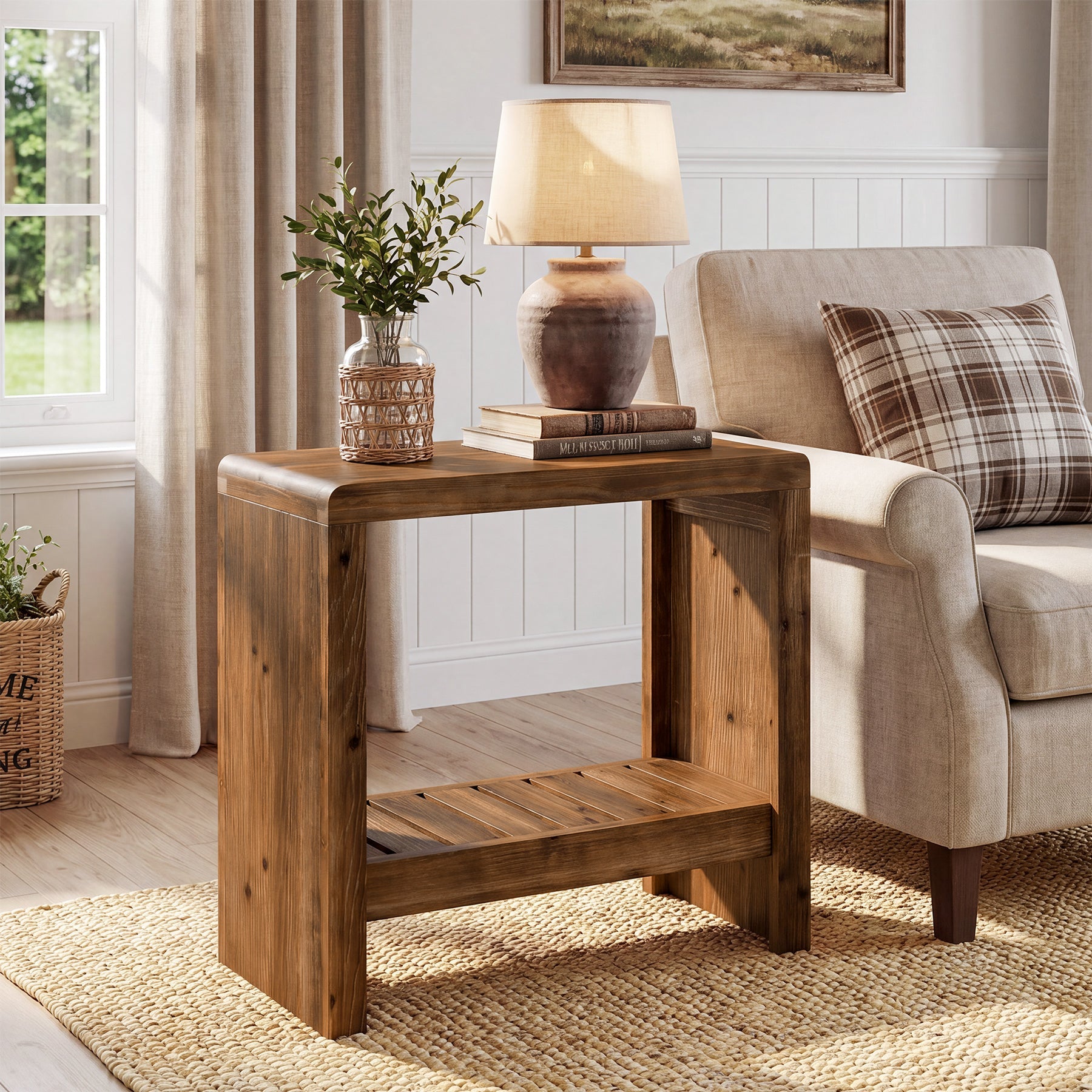 23.6" Solid Wood End Table, Narrow Sofa Side Table with Slatted Shelf