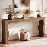 63" Solid Wood Console Table, Farmhouse Entryway Sofa Table with Wavy Edge 3