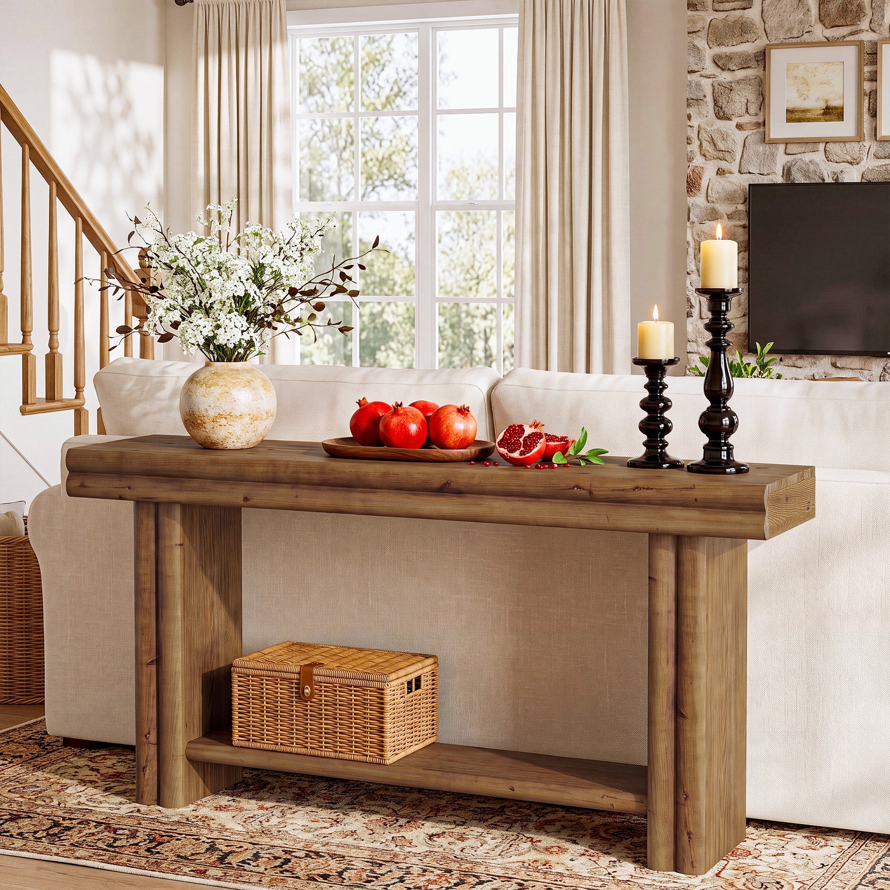 63" Solid Wood Console Table, 2-Tier Farmhouse Entryway Table with Storage Shelf