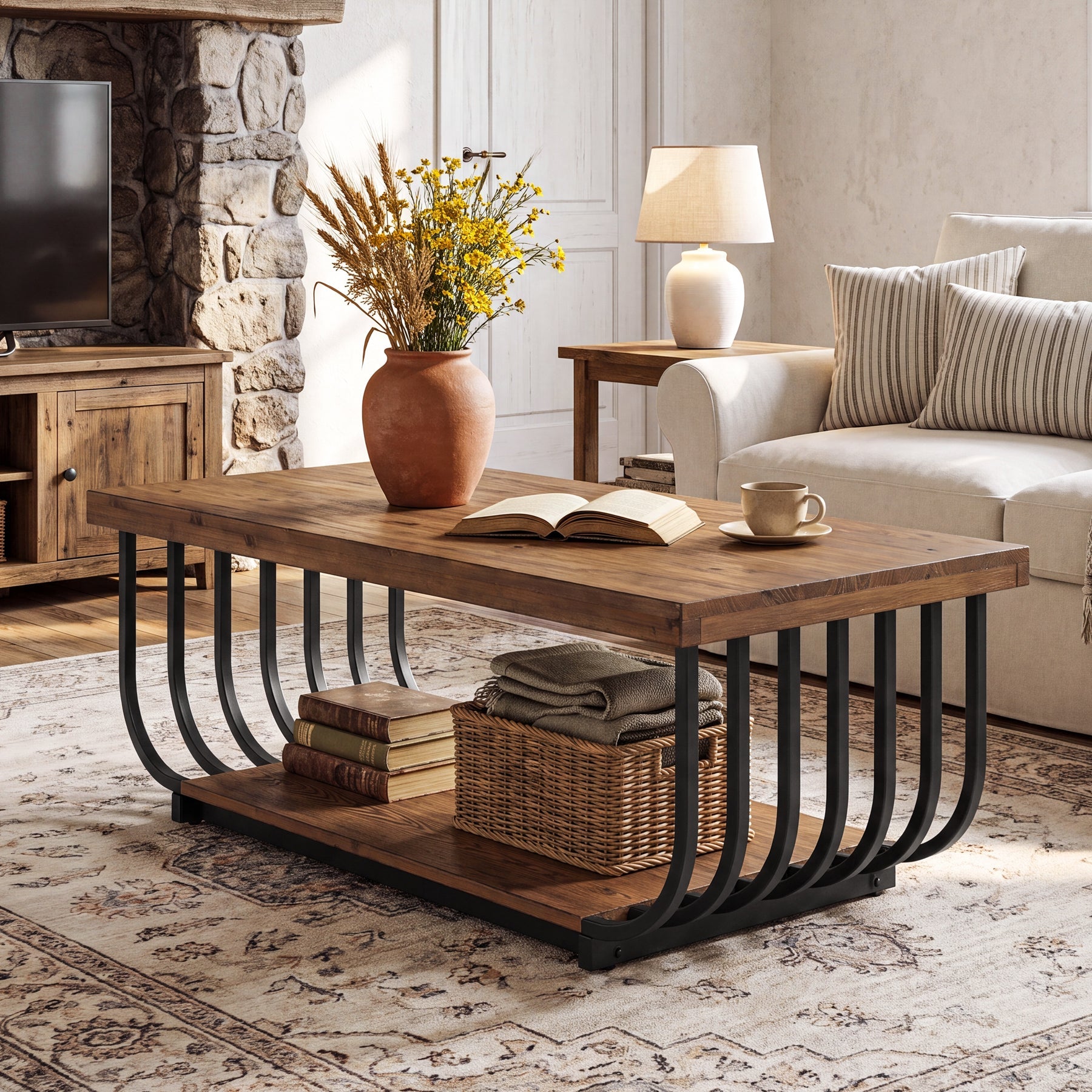 47" Solid Wood Coffee Table, Rectangle Center Table with 2-Tier Storage & Metal Frame