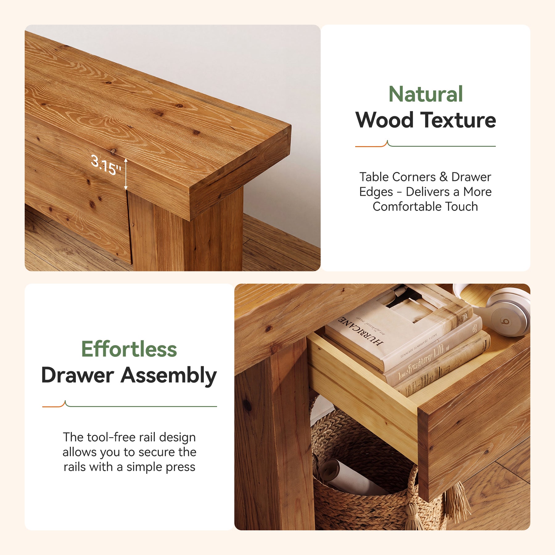 Solid Wood Console Table with 2 Drawers, 63" Farmhouse Entryway Sofa Table Behind Couch