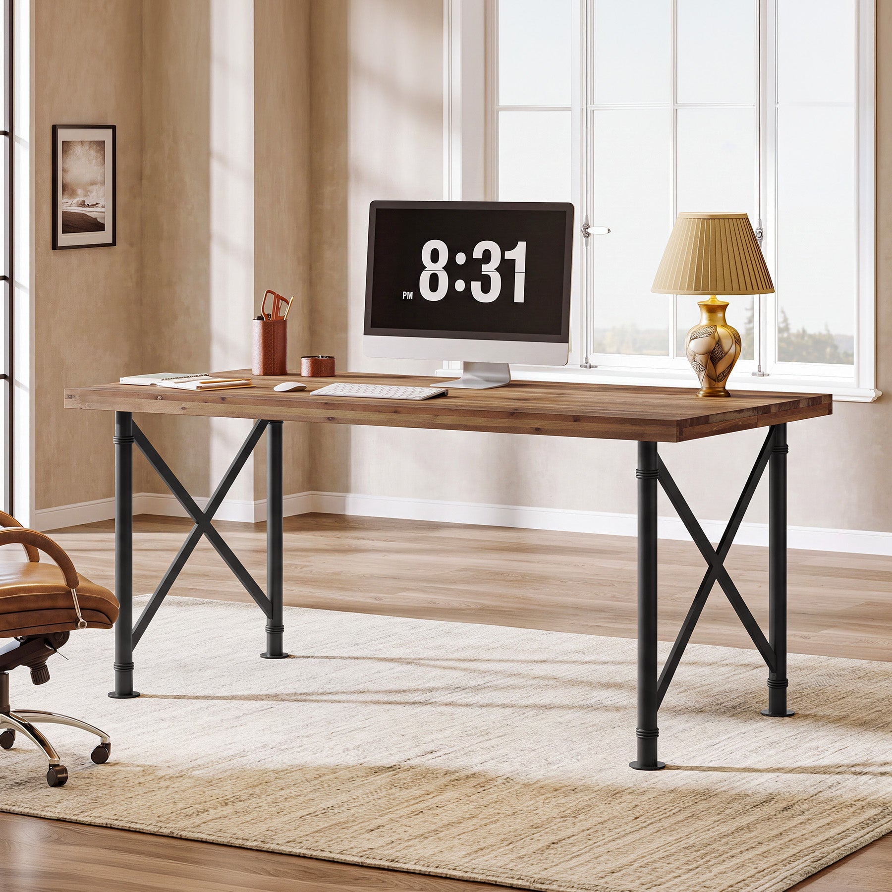 63" Solid Wood Executive Desk, Industrial Home Office Computer Desk