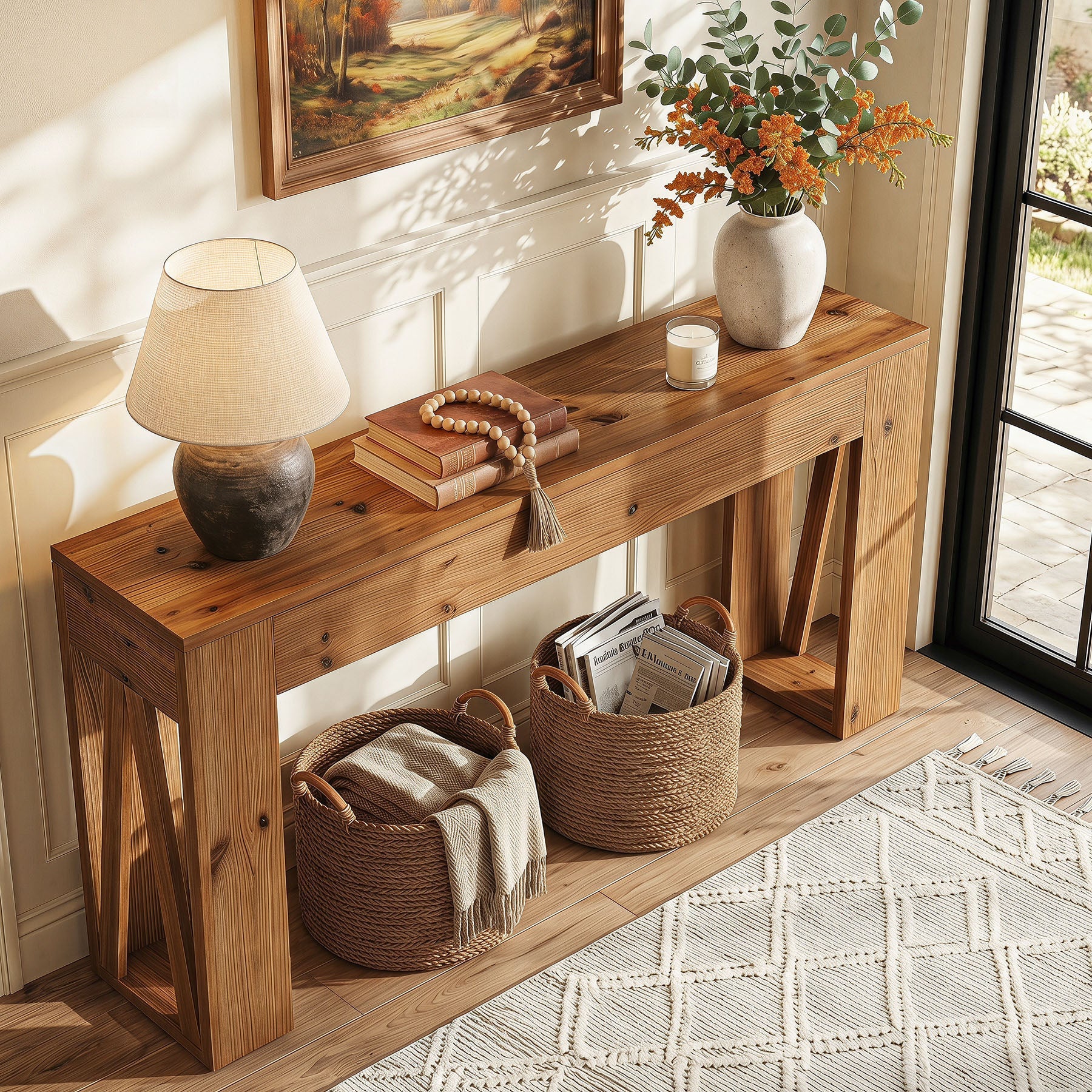 63" Solid Wood Console Table, Narrow Rectangle Entryway Sofa Table for Hallway