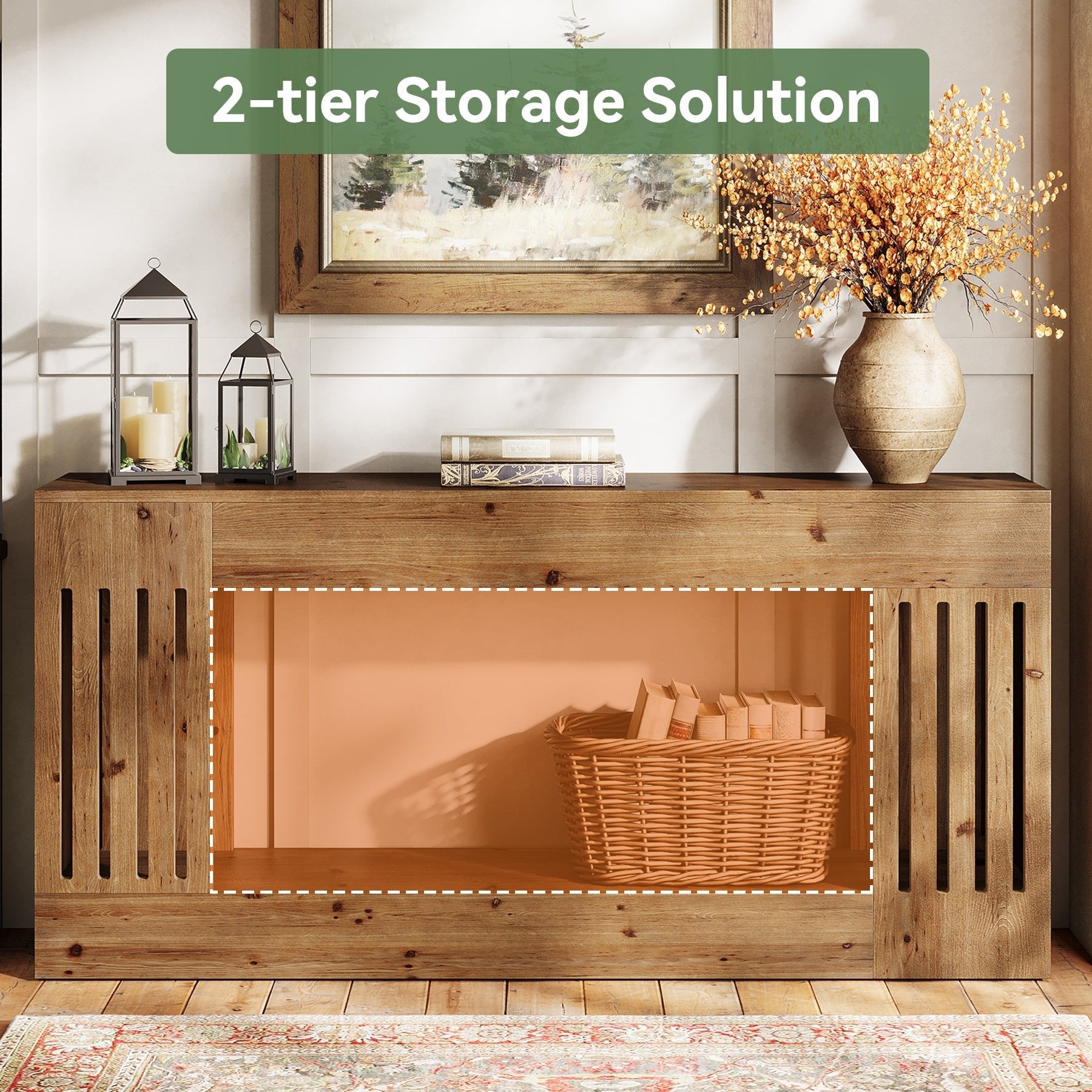 Solid Wood Console Table, 63" Sofa Table Behind Couch with Storage Shelf
