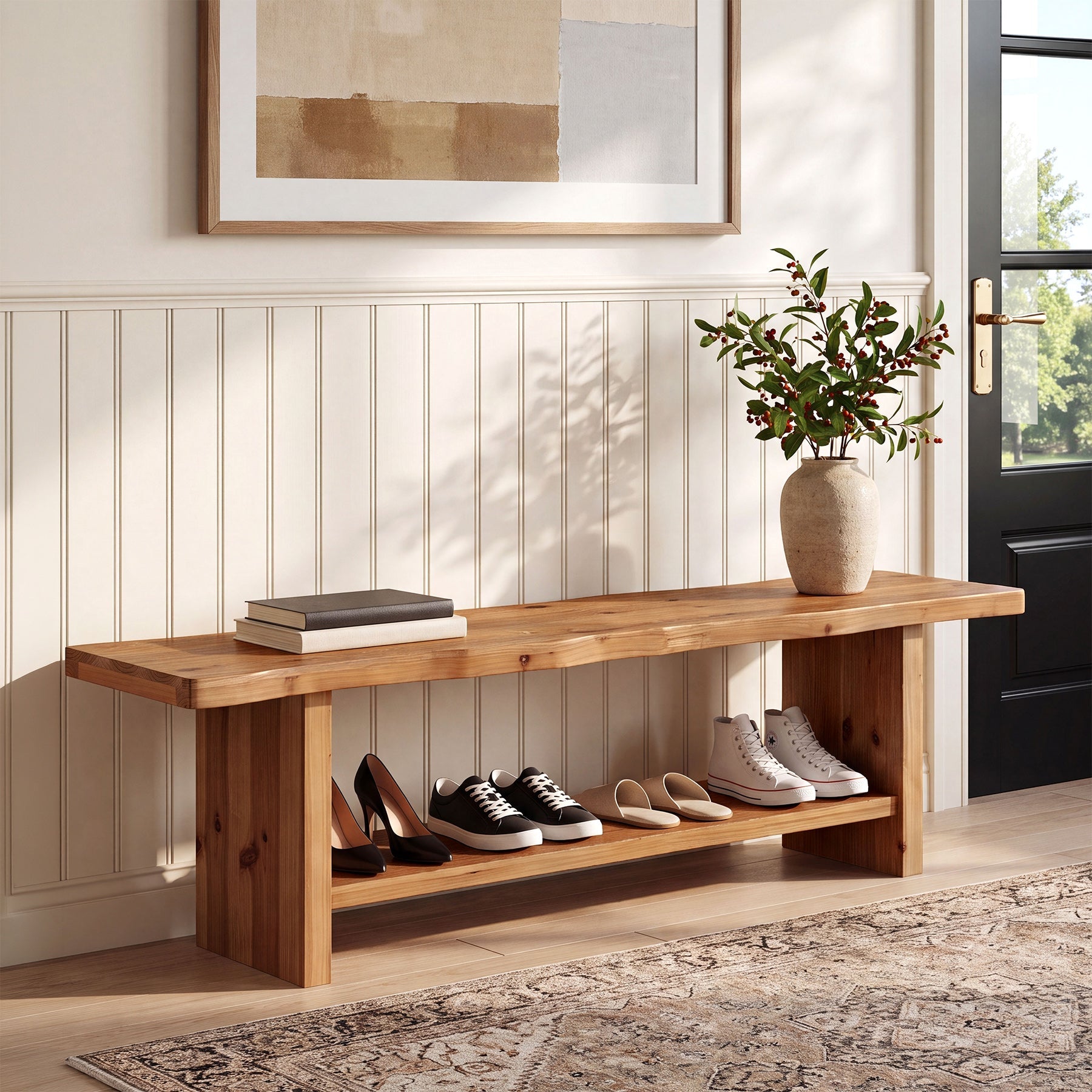 70.8" Solid Wood Entryway Bench, 2-Tier End of Bed Bench for Bedroom, Living Room