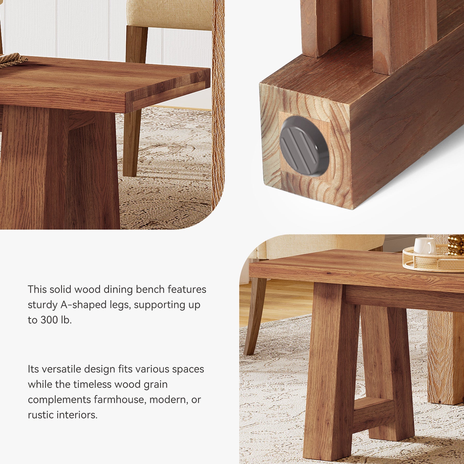 Solid Wood Dining Bench, 55" Entryway Bench with A-Shaped Legs