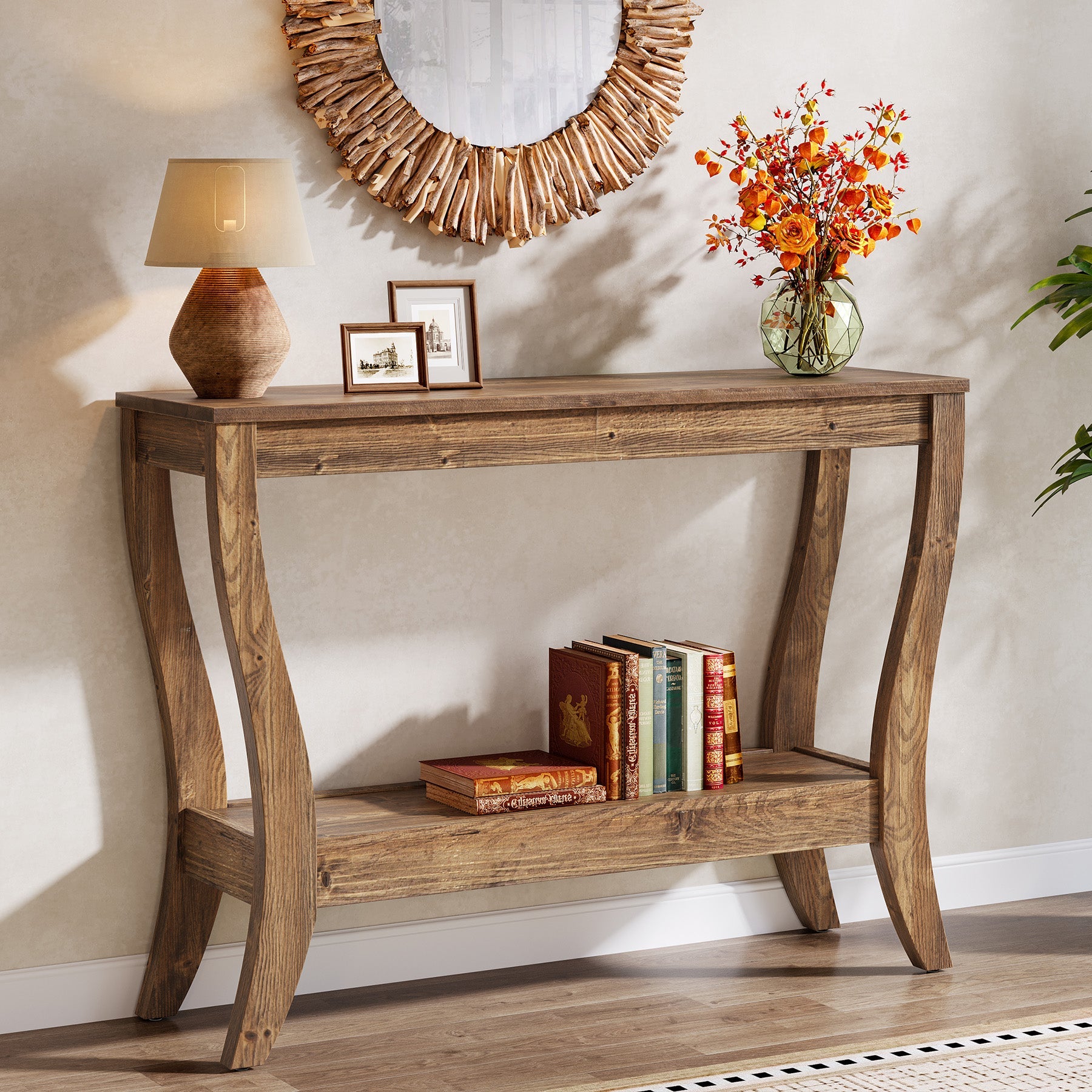 43.3" Solid Wood Console Table, Farmhouse Entryway Table With Storage