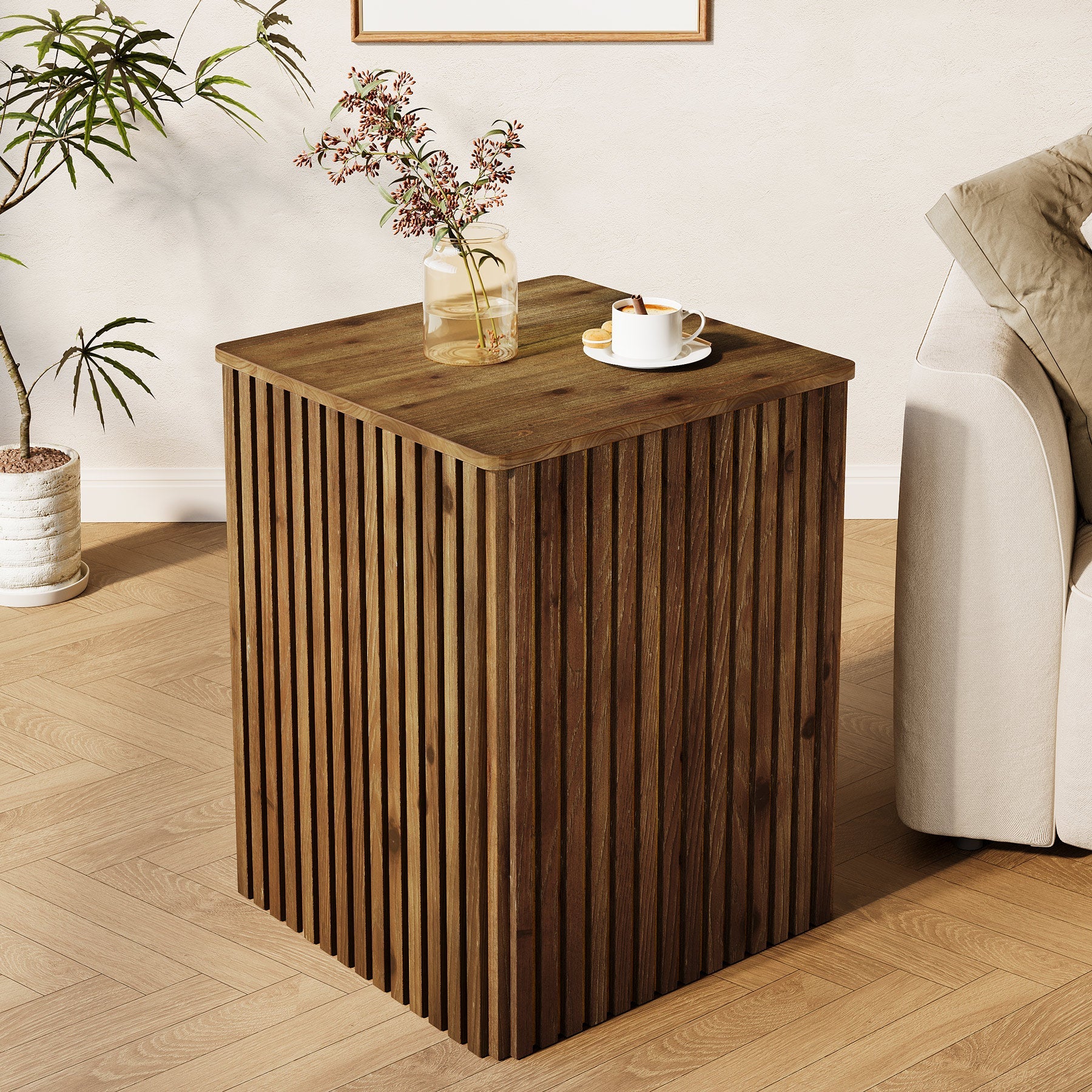 Solid Wood End Table, Square Fluted Side Table with Storage and Removable Lid