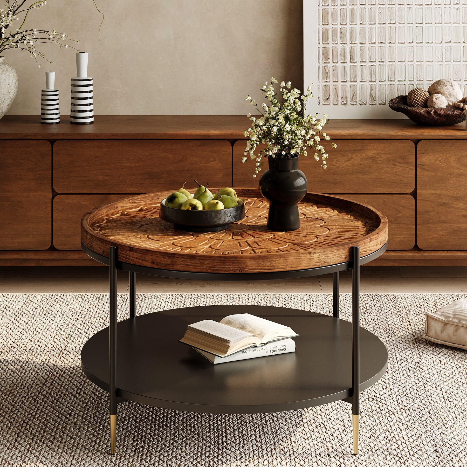 Solid Wood Round Coffee Table, 31.5" Center Tea Table with Metal Frame