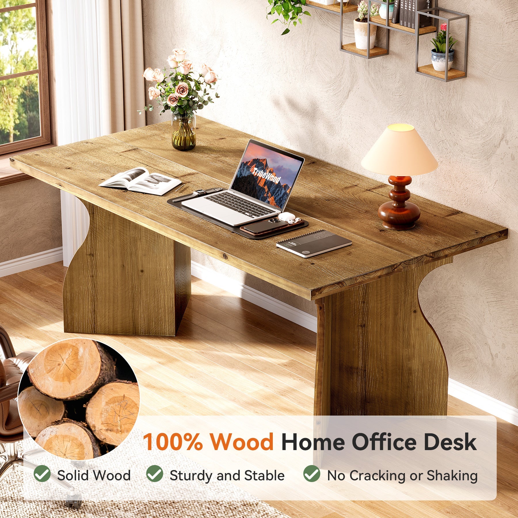 Solid Wood Executive Desk, 63" Office Computer Desk with V-Shaped Legs