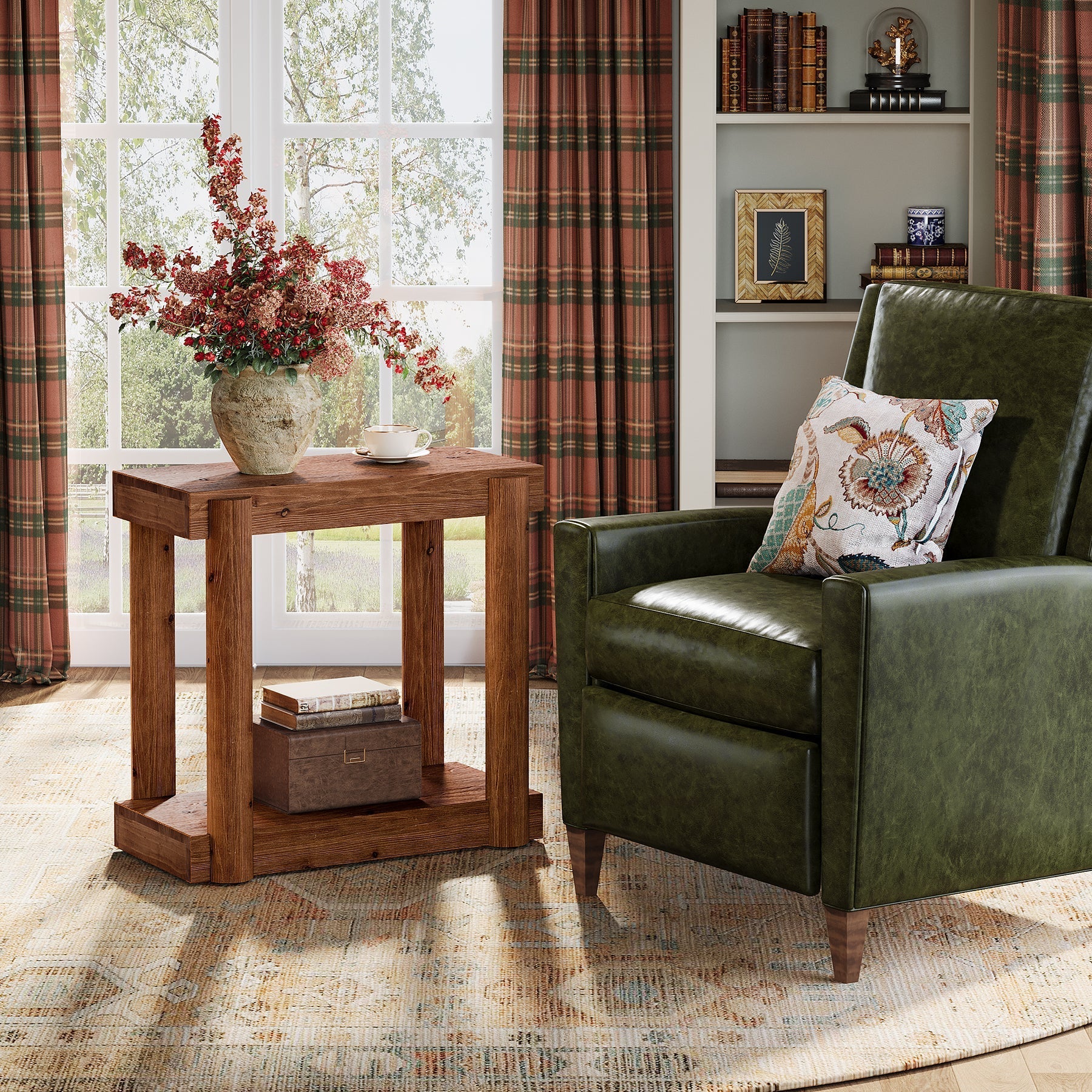 Solid Wood Modern Farmhouse End Table, 2-Tier Storage Shelf Side Table for Small Spaces