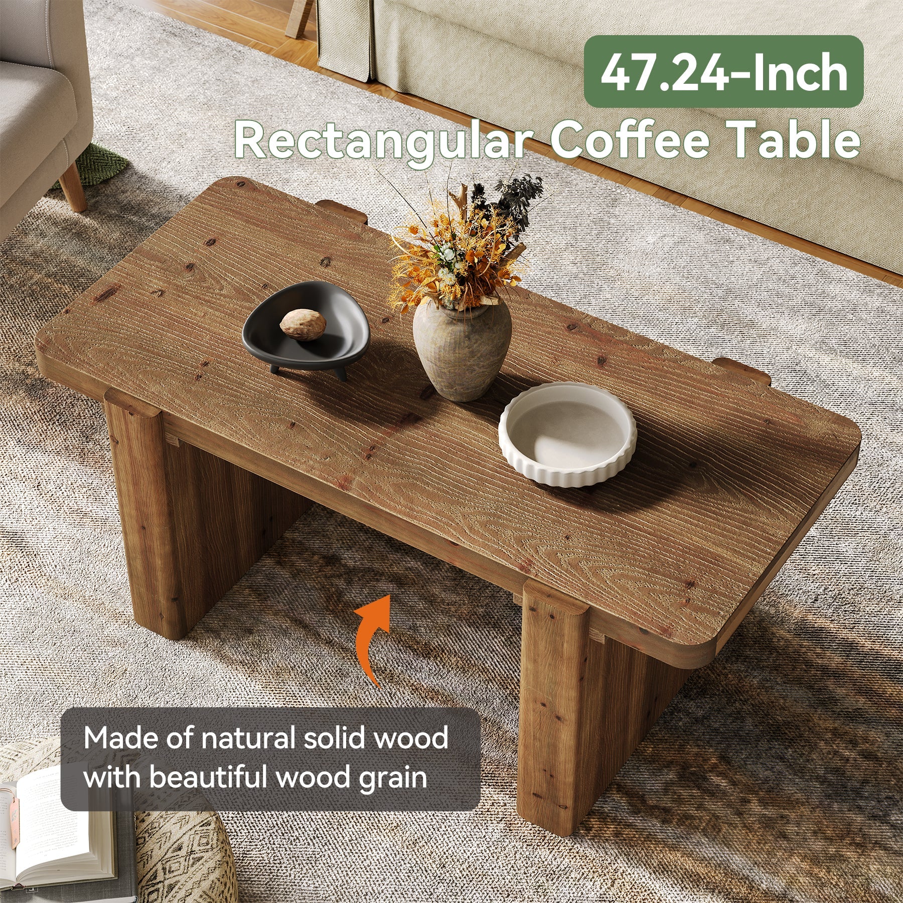 47" Solid Wood Coffee Table, Rectangular Center Table with Heavy-Duty Legs