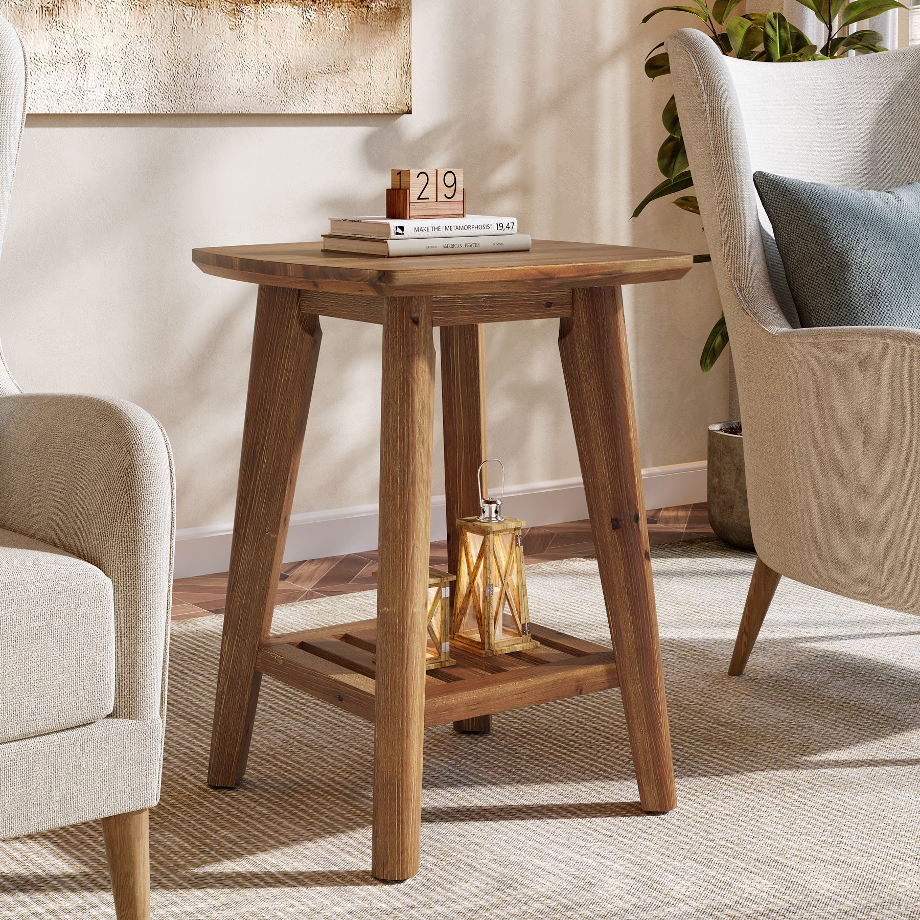 19.69" Square Side Table with 2-Tier Storage Shelf, Solid Wood End Table for Living Room and Sofa Side