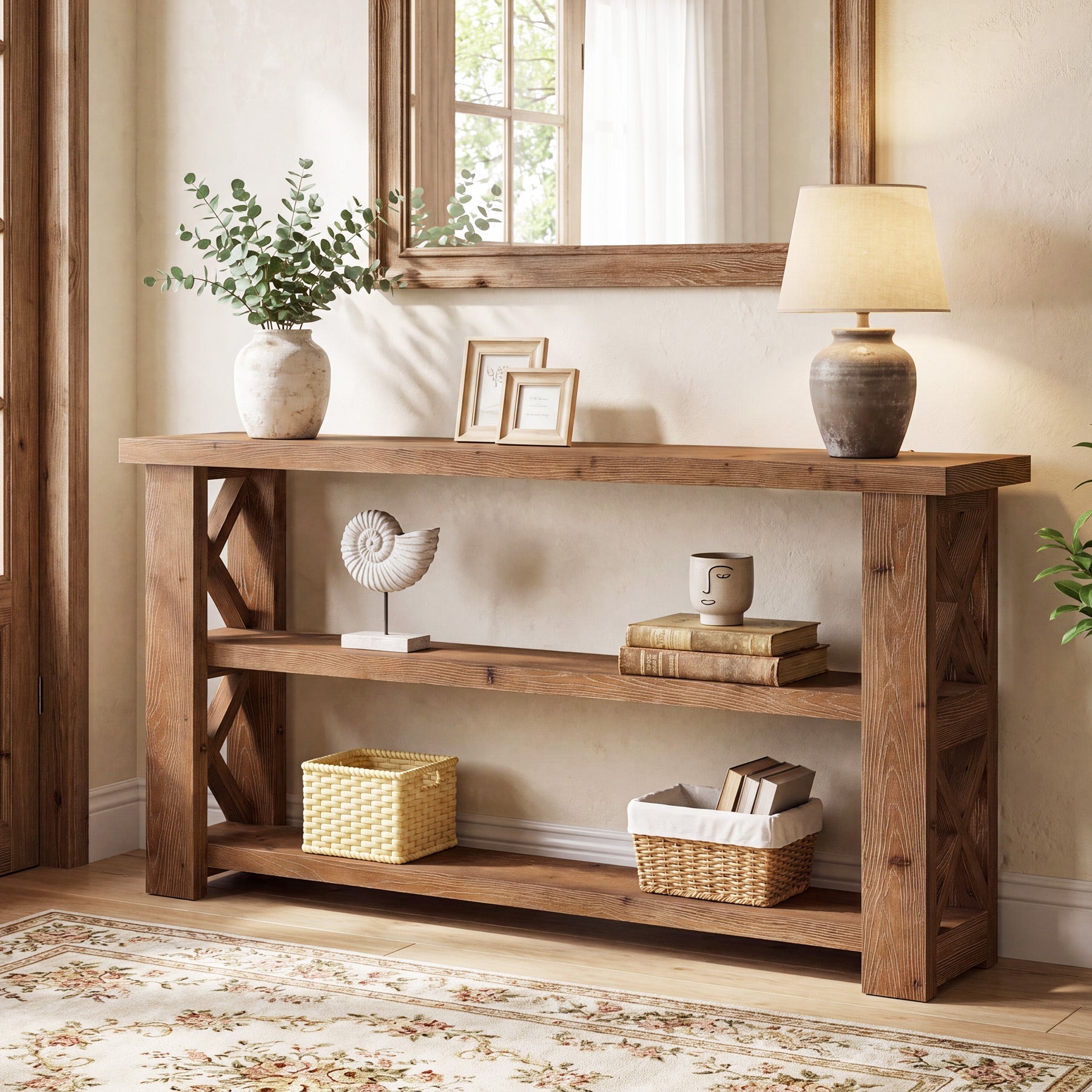 3-Tier Solid Wood Console Table, 63" Sofa Table Behind the Couch for Entryway, Living Room