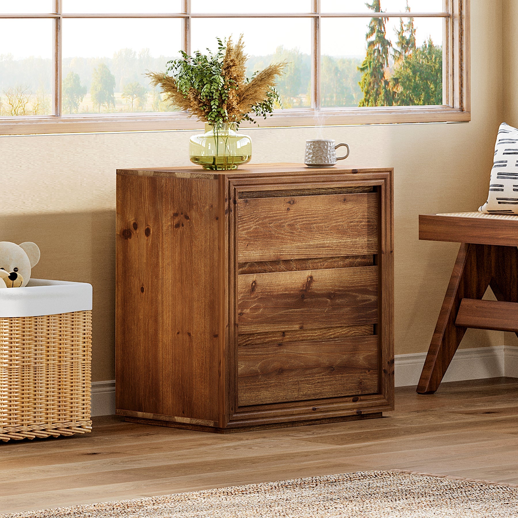 Solid Wood Farmhouse Nightstand, 3-Drawer 23.62"  Bedside Table with Storage