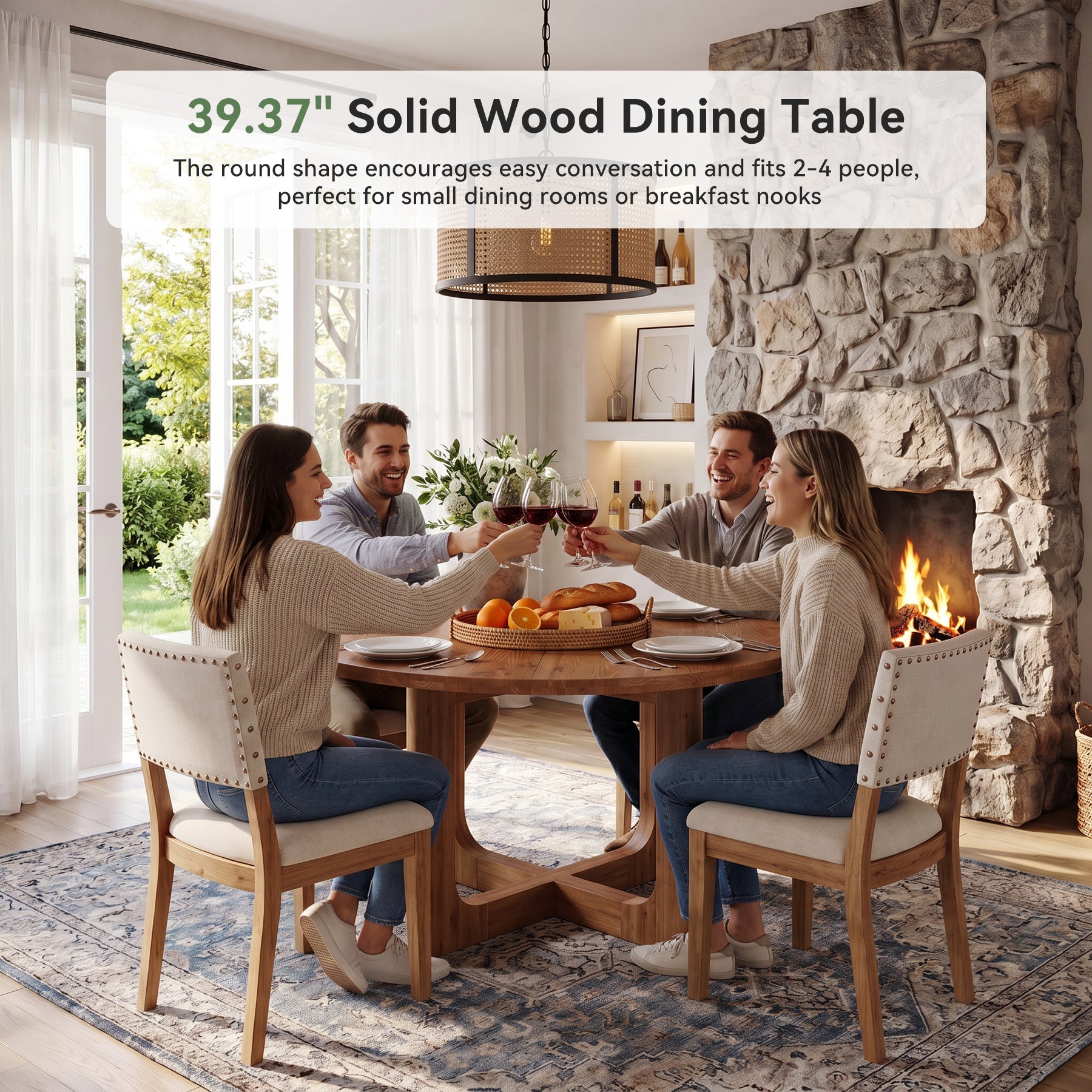 39.4" Round Solid Wood Dining Table, Farmhouse Kitchen Table with X-Cross Legs for 2-4
