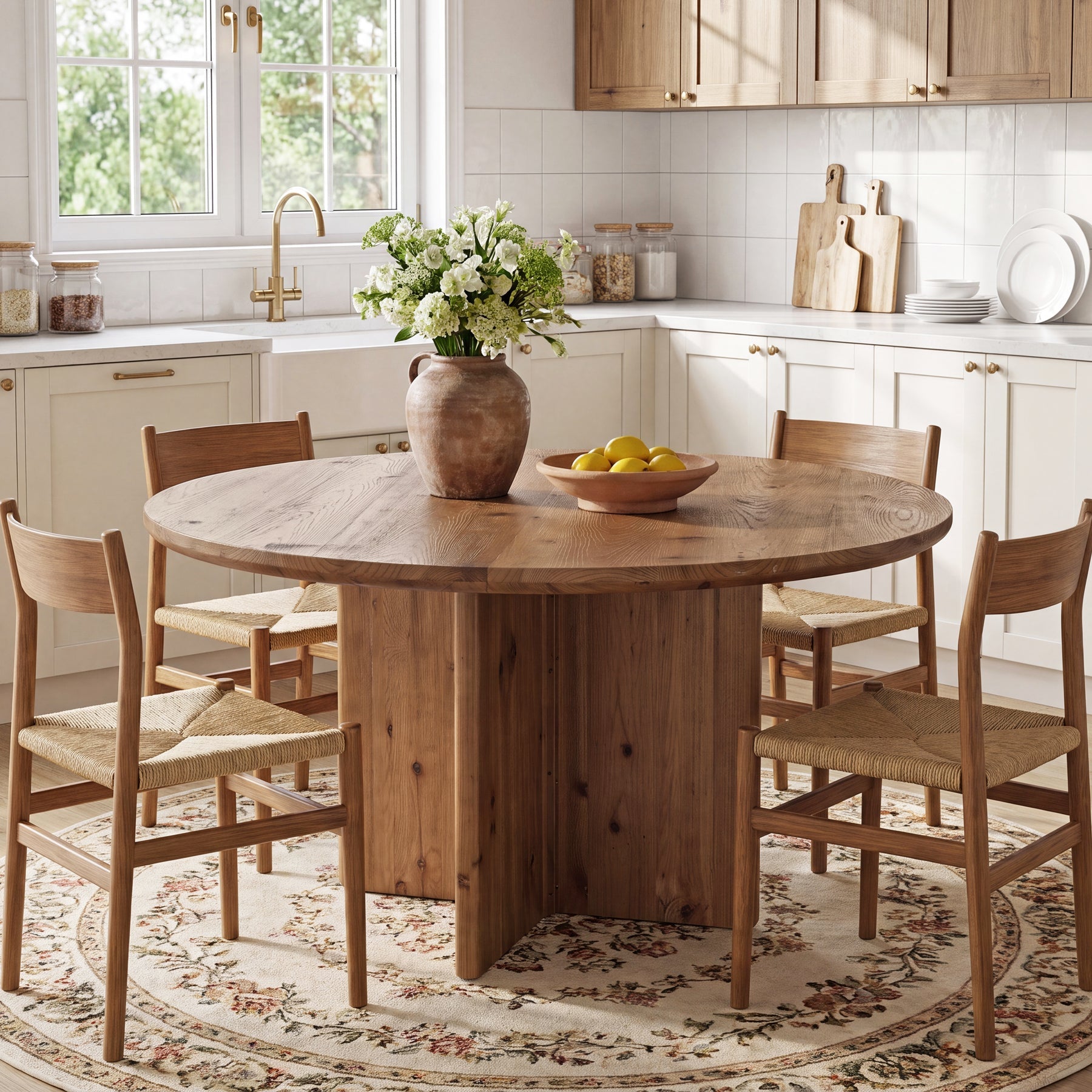 47.2" Round Dining Table, Solid Wood Kitchen Table with Cross Pedestal Base for 4-6