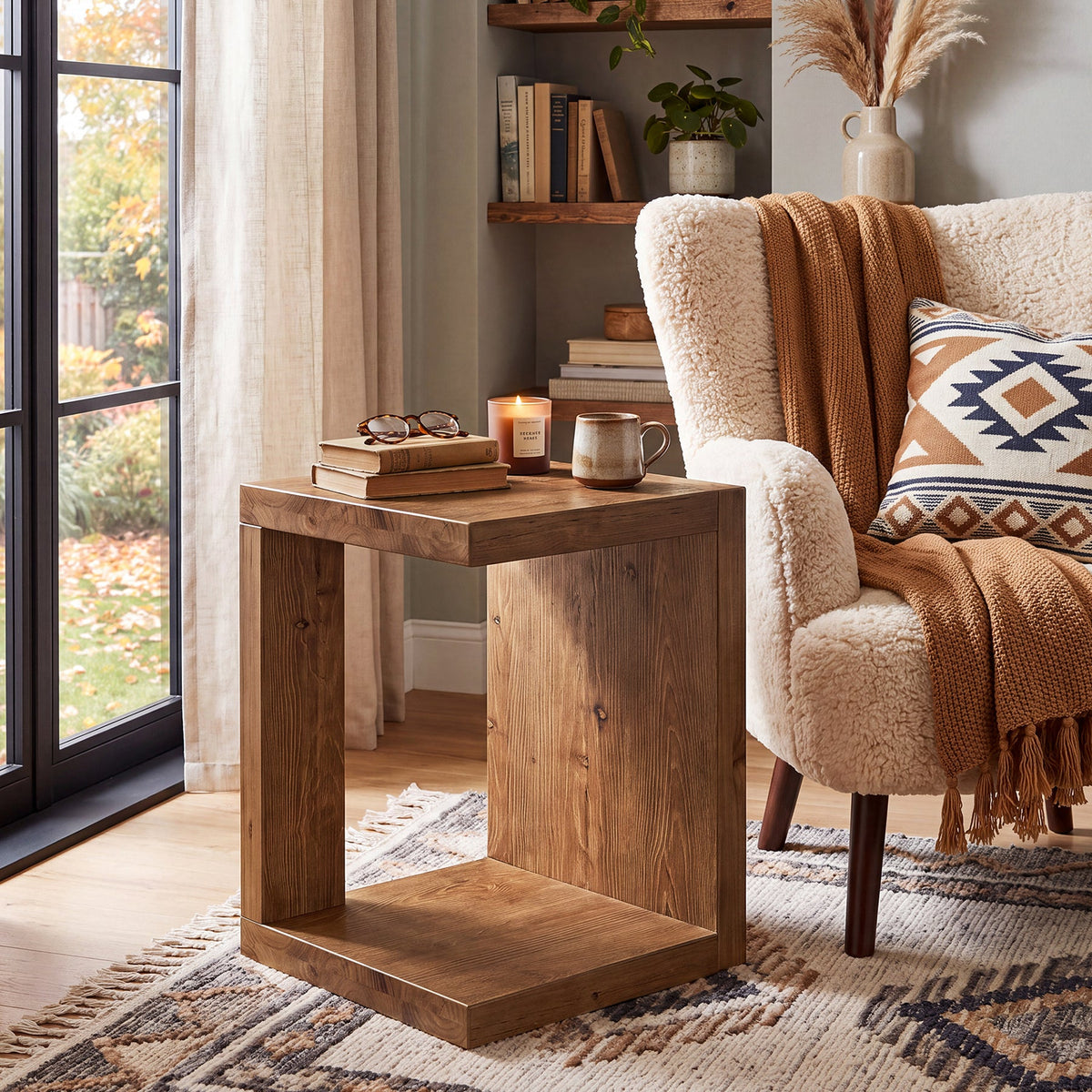 Solid Wood End Table, 2-Tier Side Table with Hollow-Frame for Living Room, Bedroom