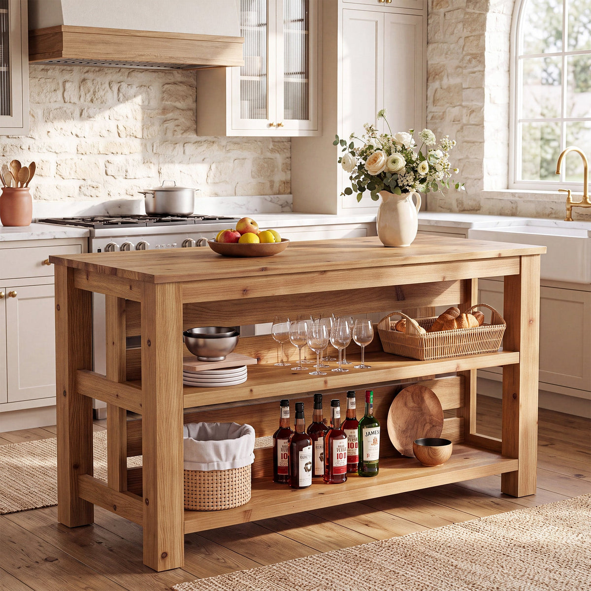 63" Farmhouse Solid Wood Kitchen Island with 3-Tier Open Storage Shelves, Prep Table