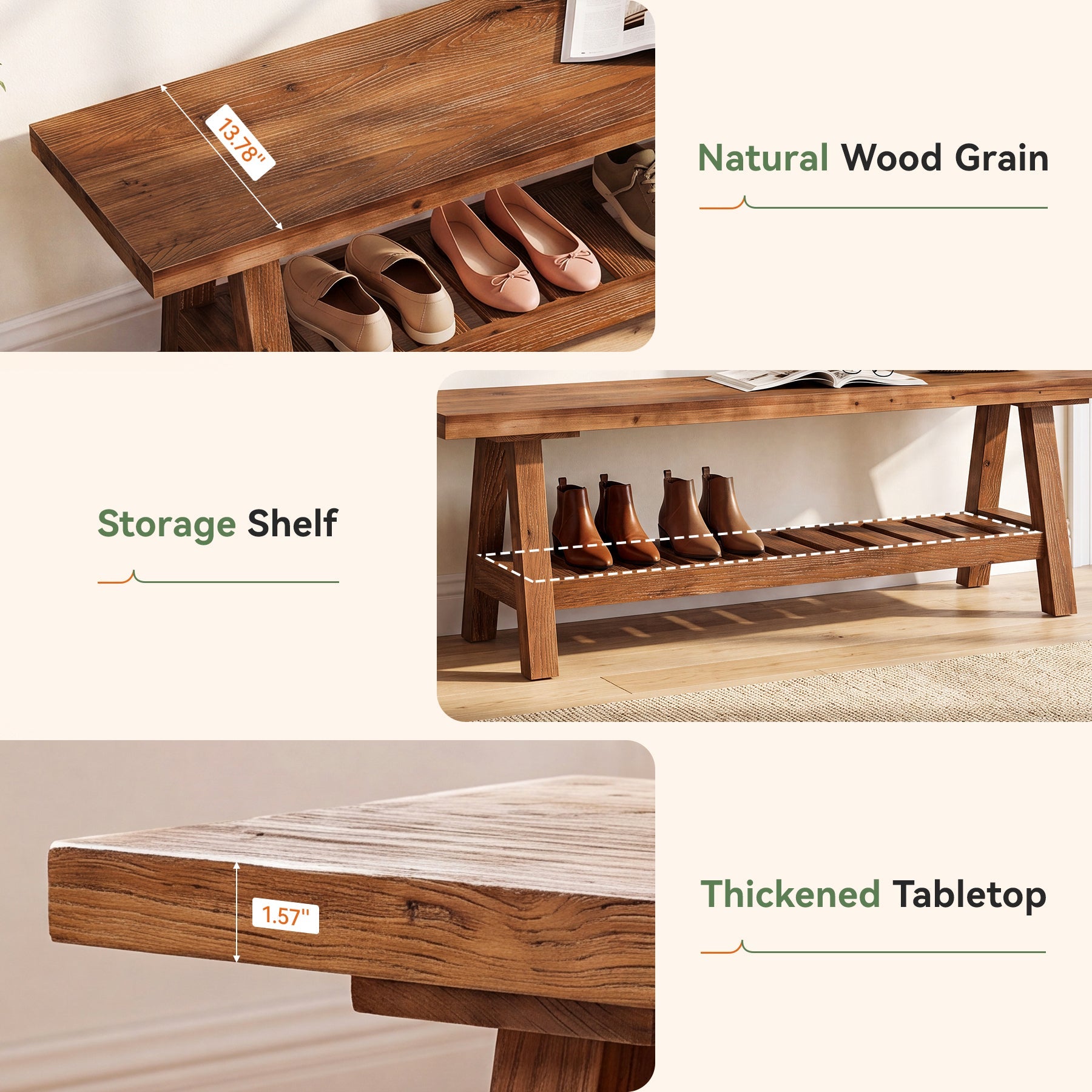 55" Entryway Bench, Solid Wood Shoe Bench End of Bed Seating with Storage Shelf