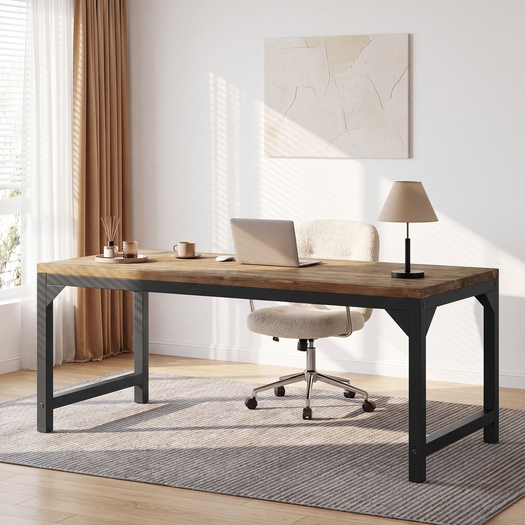 63" Solid Wood Office Desk, Heavy-Duty Computer Desk with Metal Frame